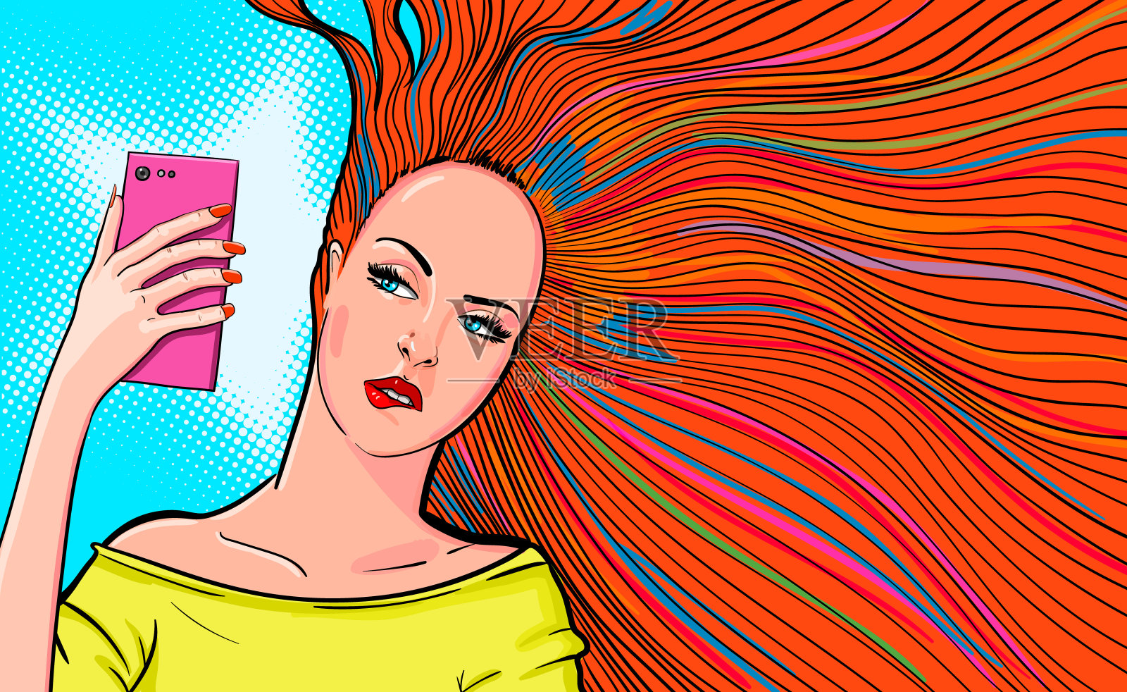 红发女人在自拍。矢量插图的红发女人与长头发咬嘴唇和在波普艺术自拍。插画图片素材