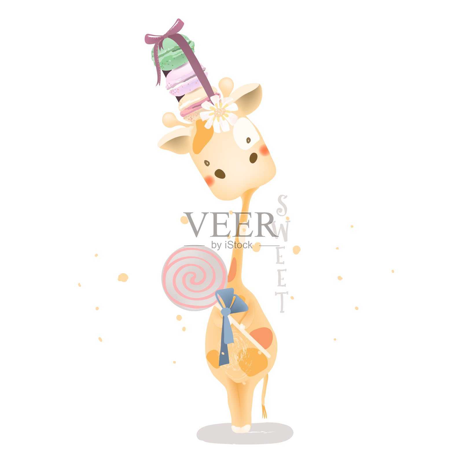 可爱的野生长颈鹿宝宝，配着杏仁饼干，棒棒糖，鲜花插画图片素材