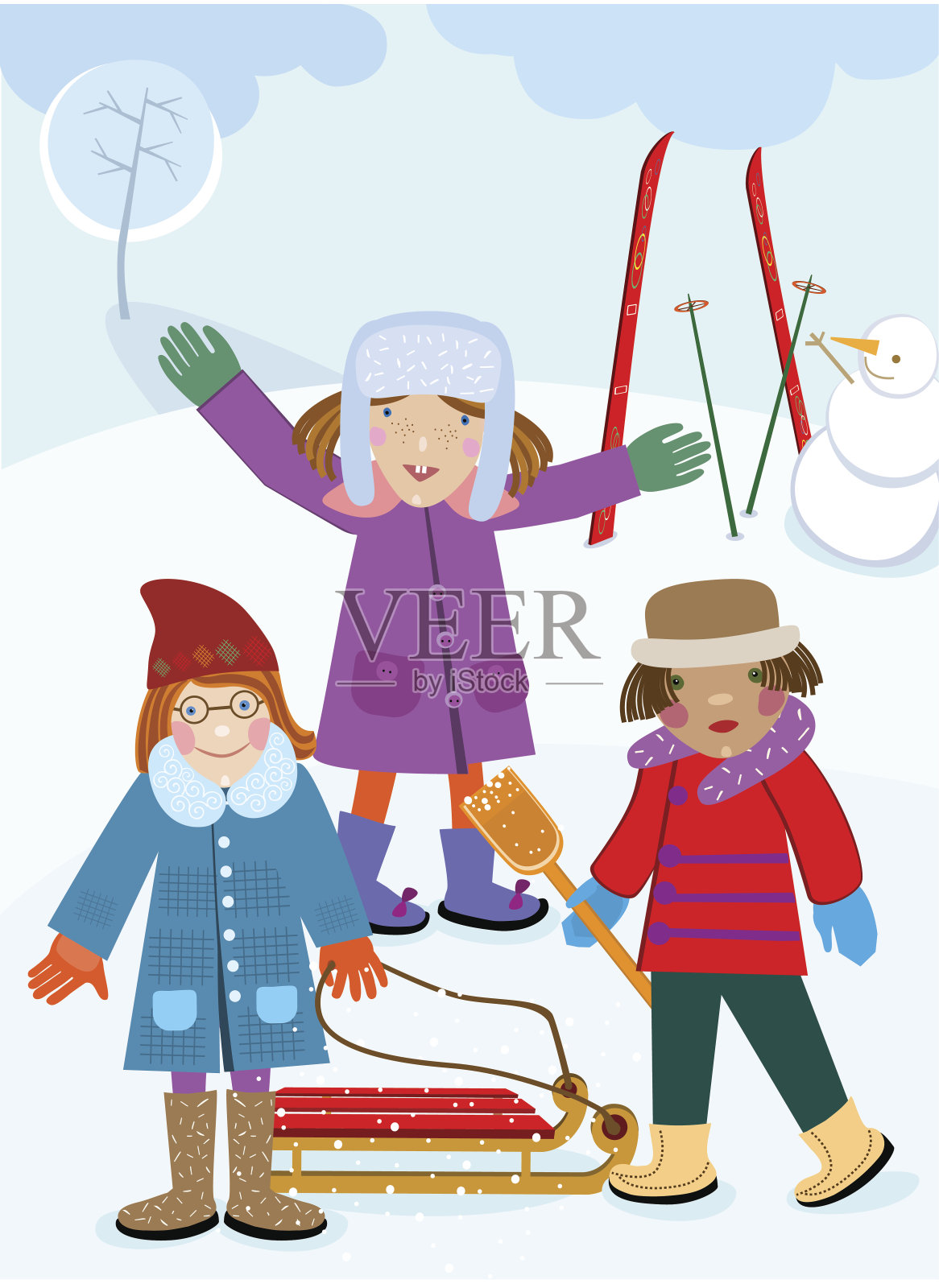《冬天公园里的三个女孩和雪人》插画图片素材