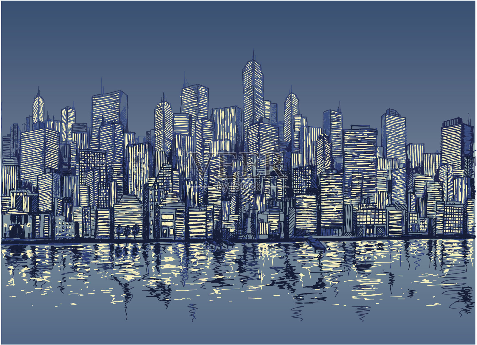 蓝色素描的城市天际线在晚上的水插画图片素材