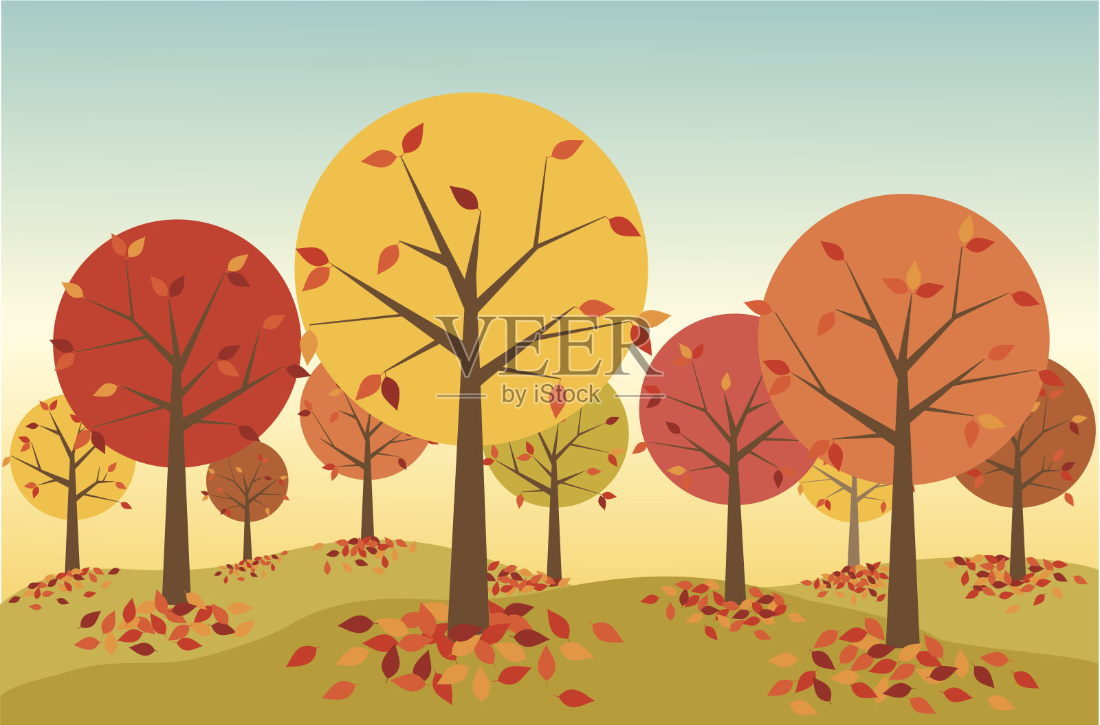 森林在秋天与落叶的插图背景图片素材