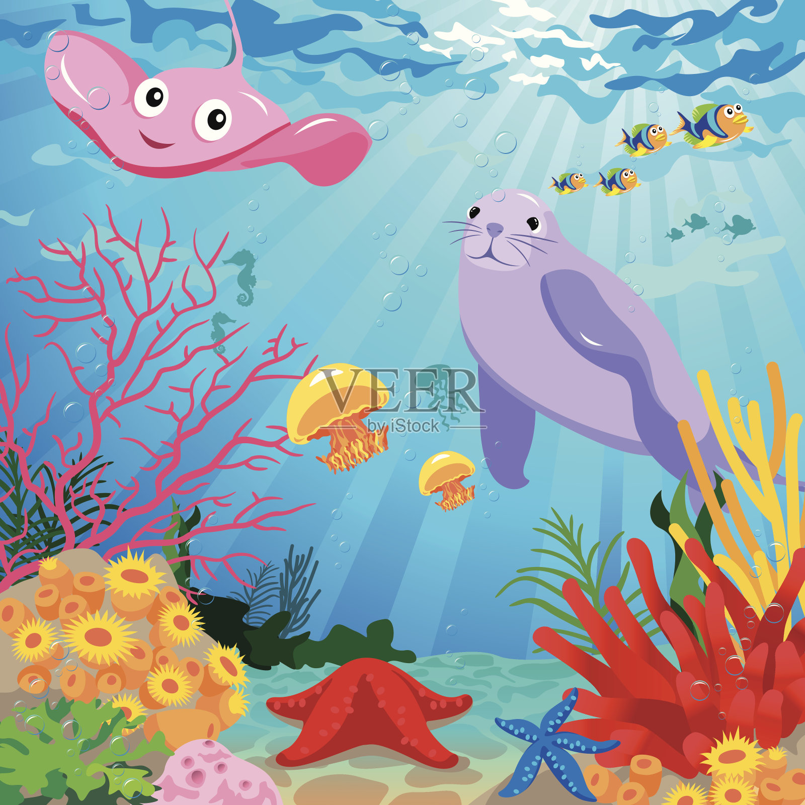 水下场景与海洋生物插画图片素材