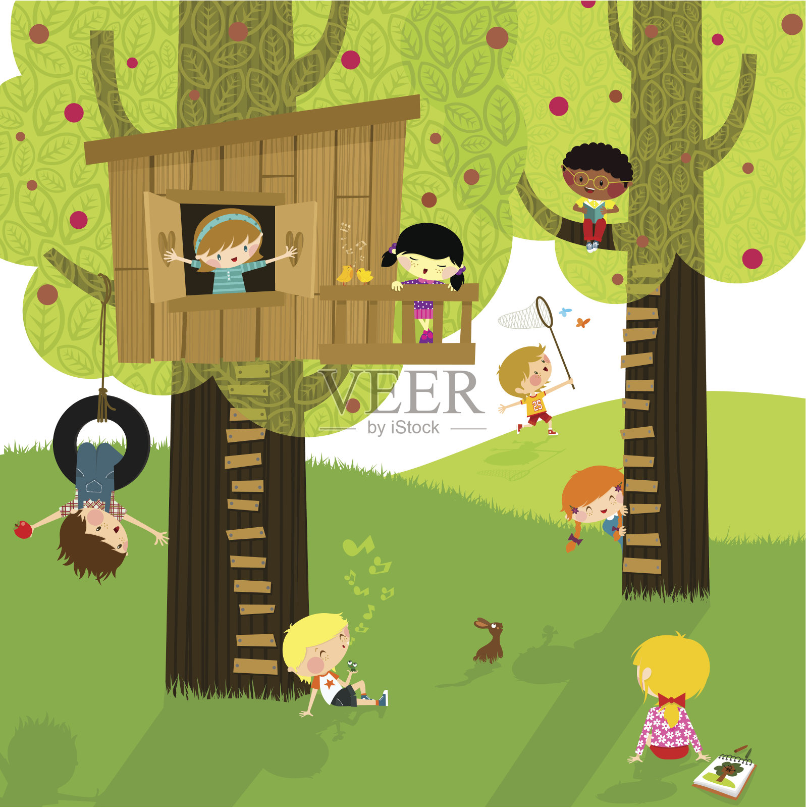 孩子和大自然。夏令营。玩和学习。插画图片素材