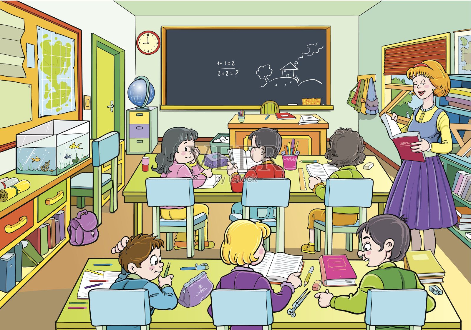 一幅有六个学生的卡通教室的插图插画图片素材