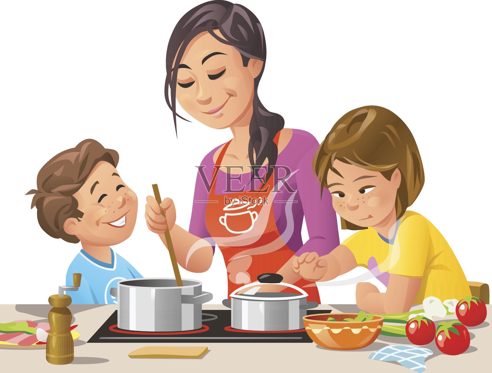 妈妈和孩子一起做饭插画图片素材