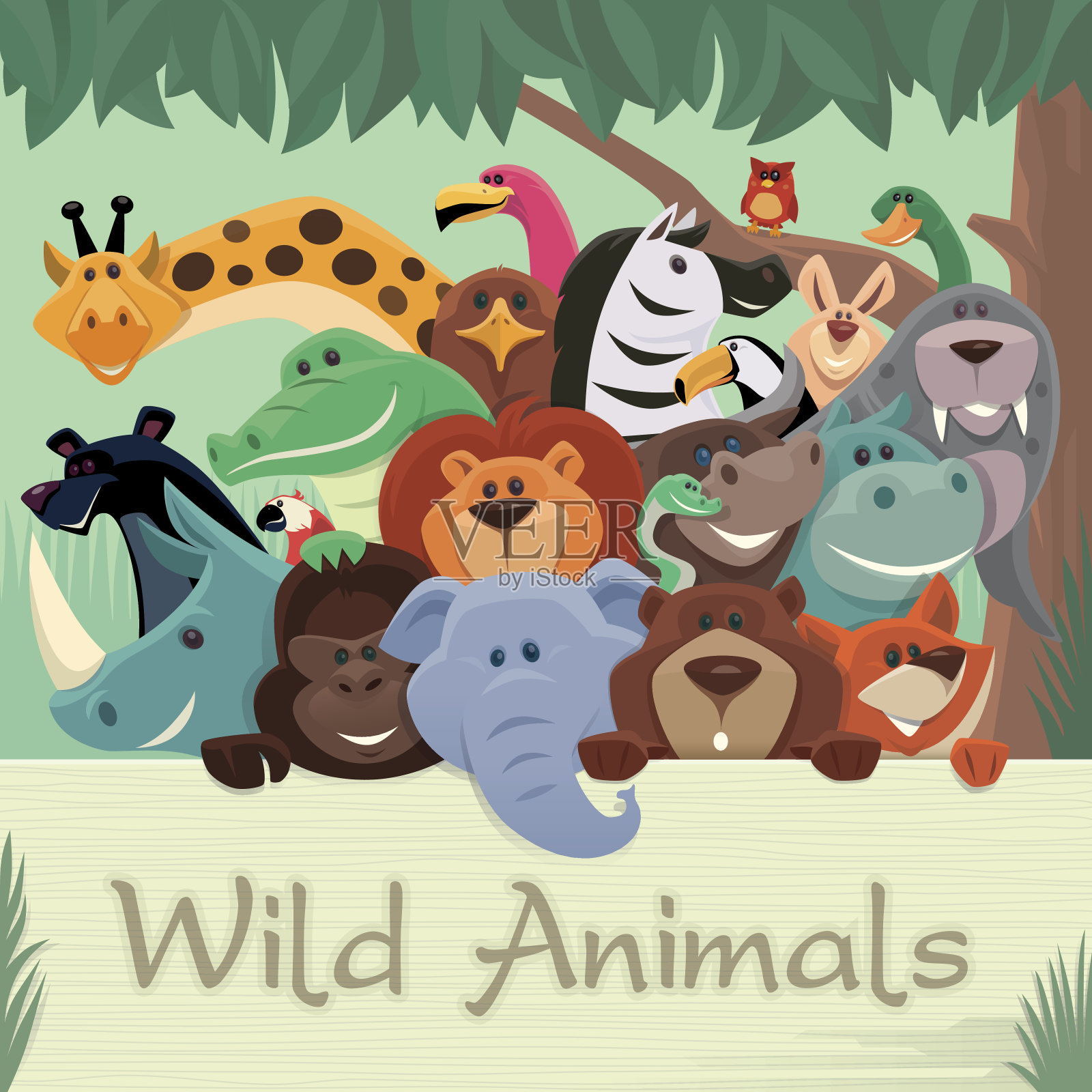 野生动物聚集在一起插画图片素材