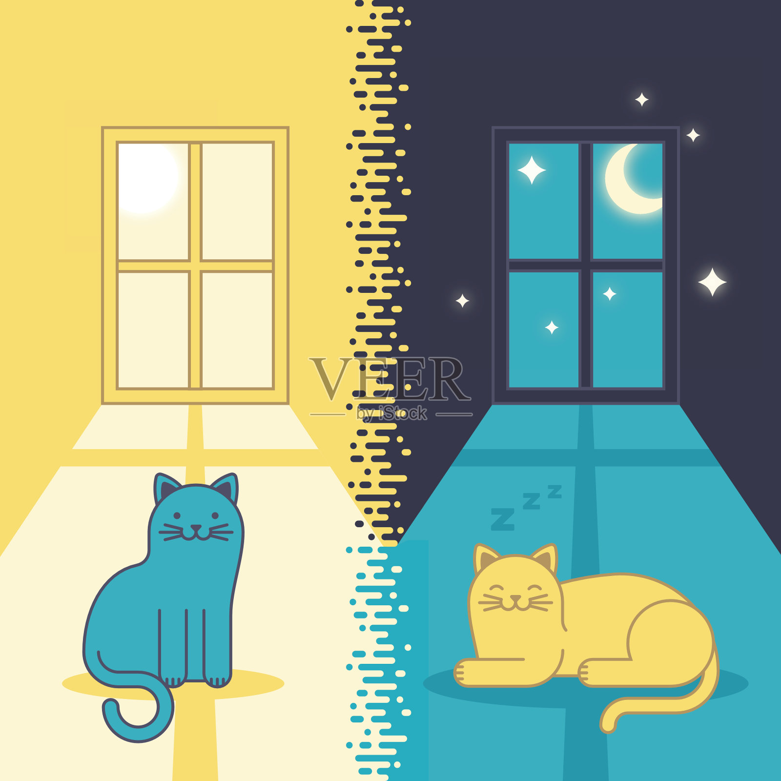 白天的猫和晚上的猫插画图片素材