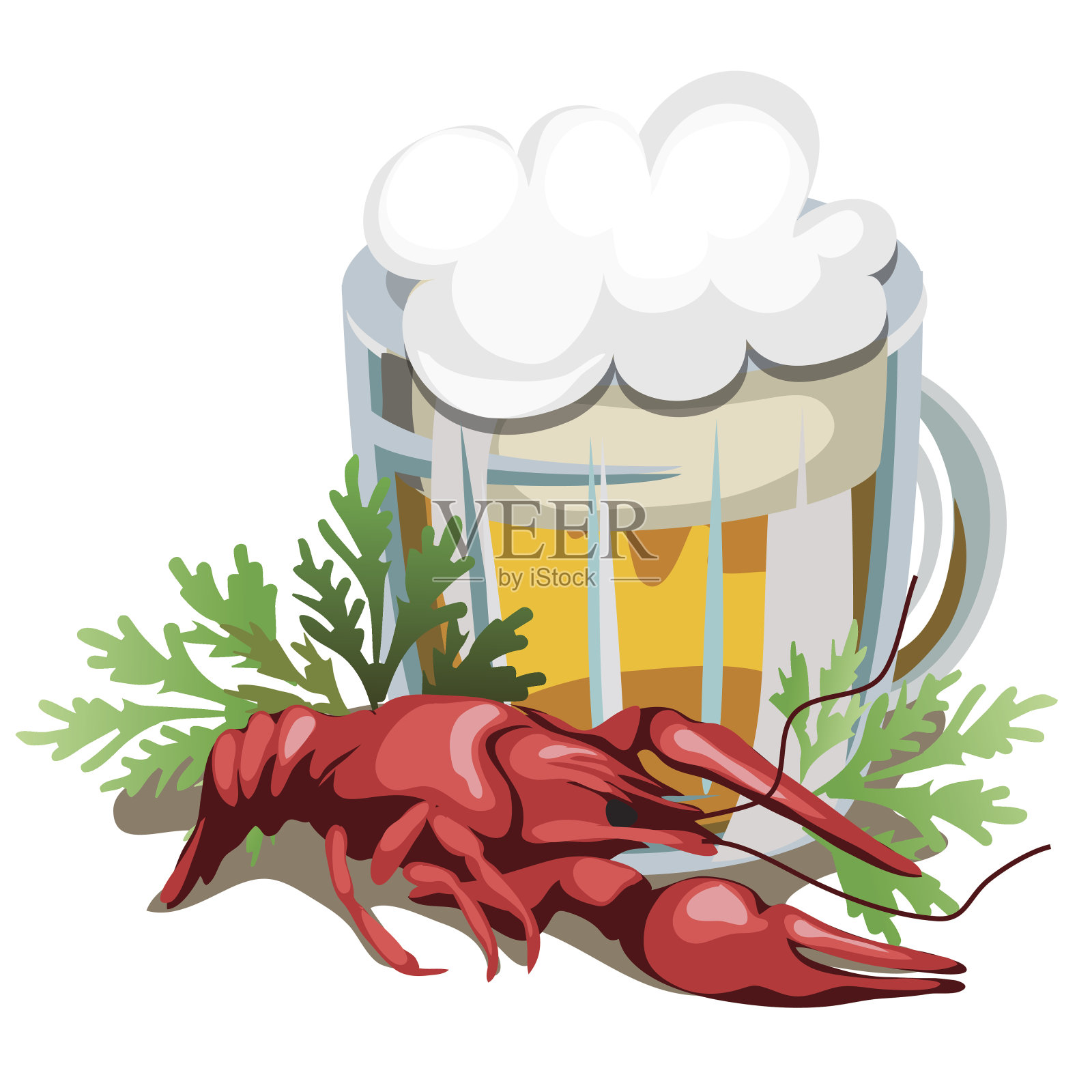 一杯啤酒配水煮小龙虾插画图片素材