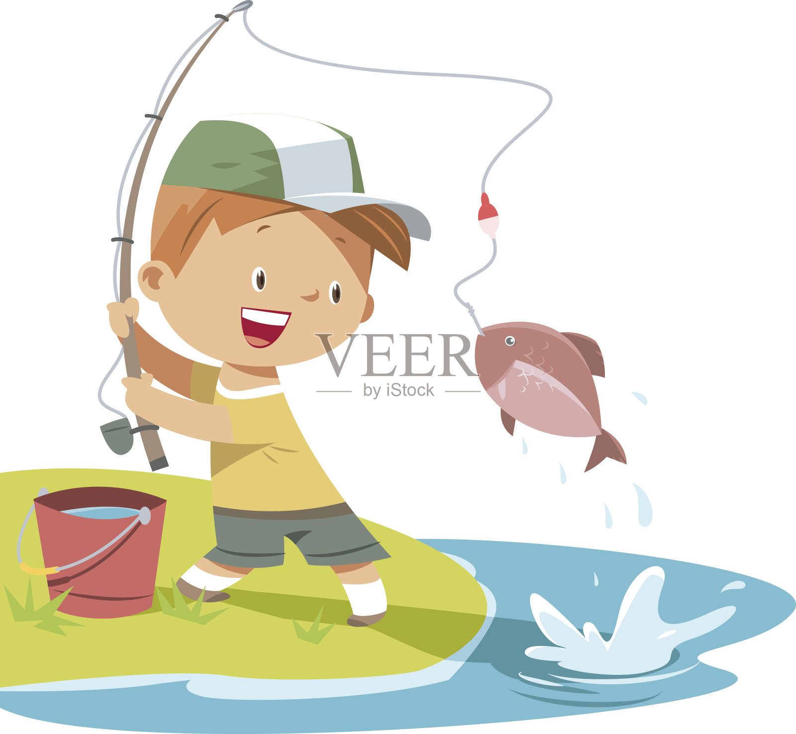 男孩正在钓鱼插画图片素材