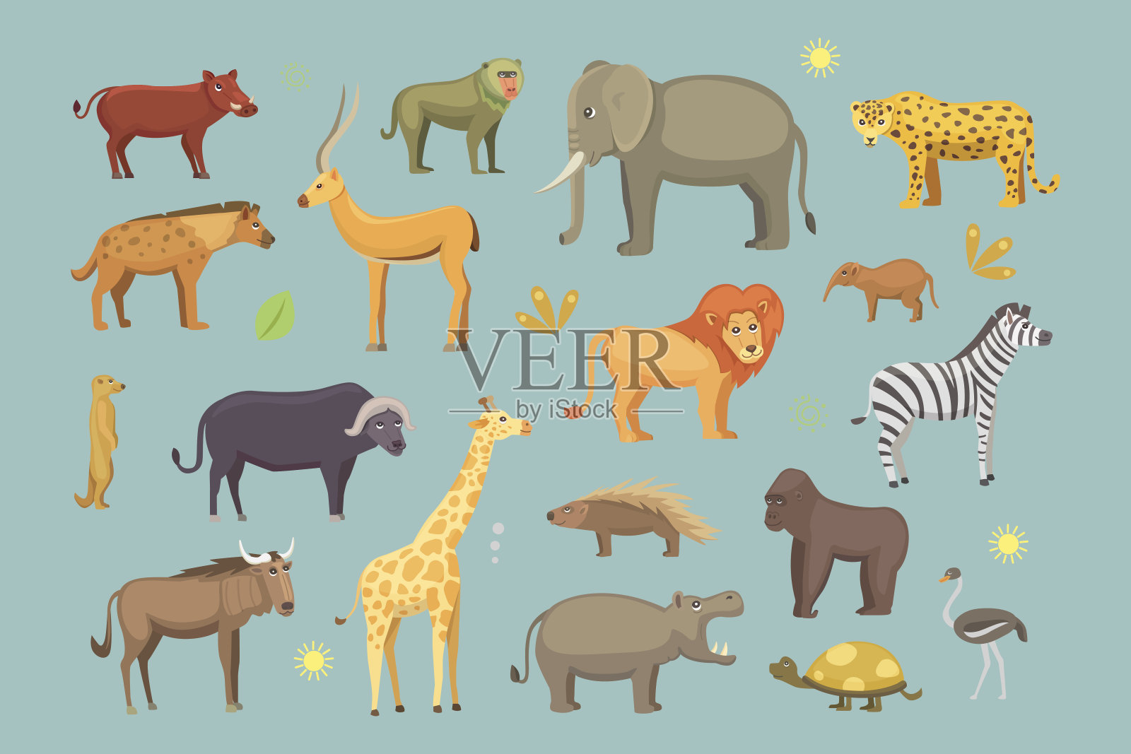 非洲动物卡通向量集。大象、犀牛、长颈鹿、猎豹、斑马、鬣狗、狮子、河马、鳄鱼、大猩猩等。safari孤立的插图。插画图片素材
