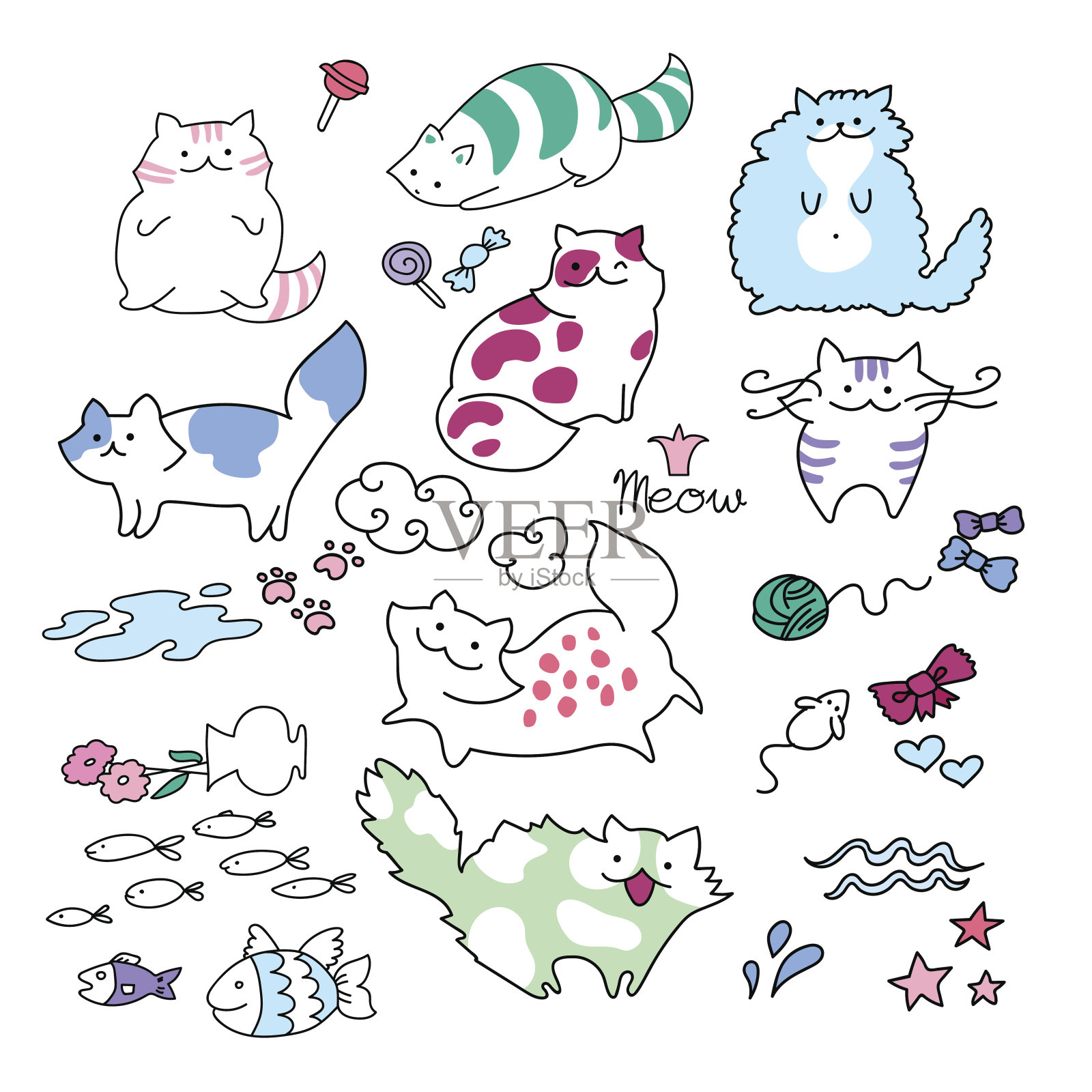 有趣的玩可爱的孩子猫矢量插图集。可以在明信片、贺卡、印刷品、海报广告和网页设计中涂鸦彩色可爱的小猫和鱼。快乐可爱的小猫与喵的文字插画图片素材