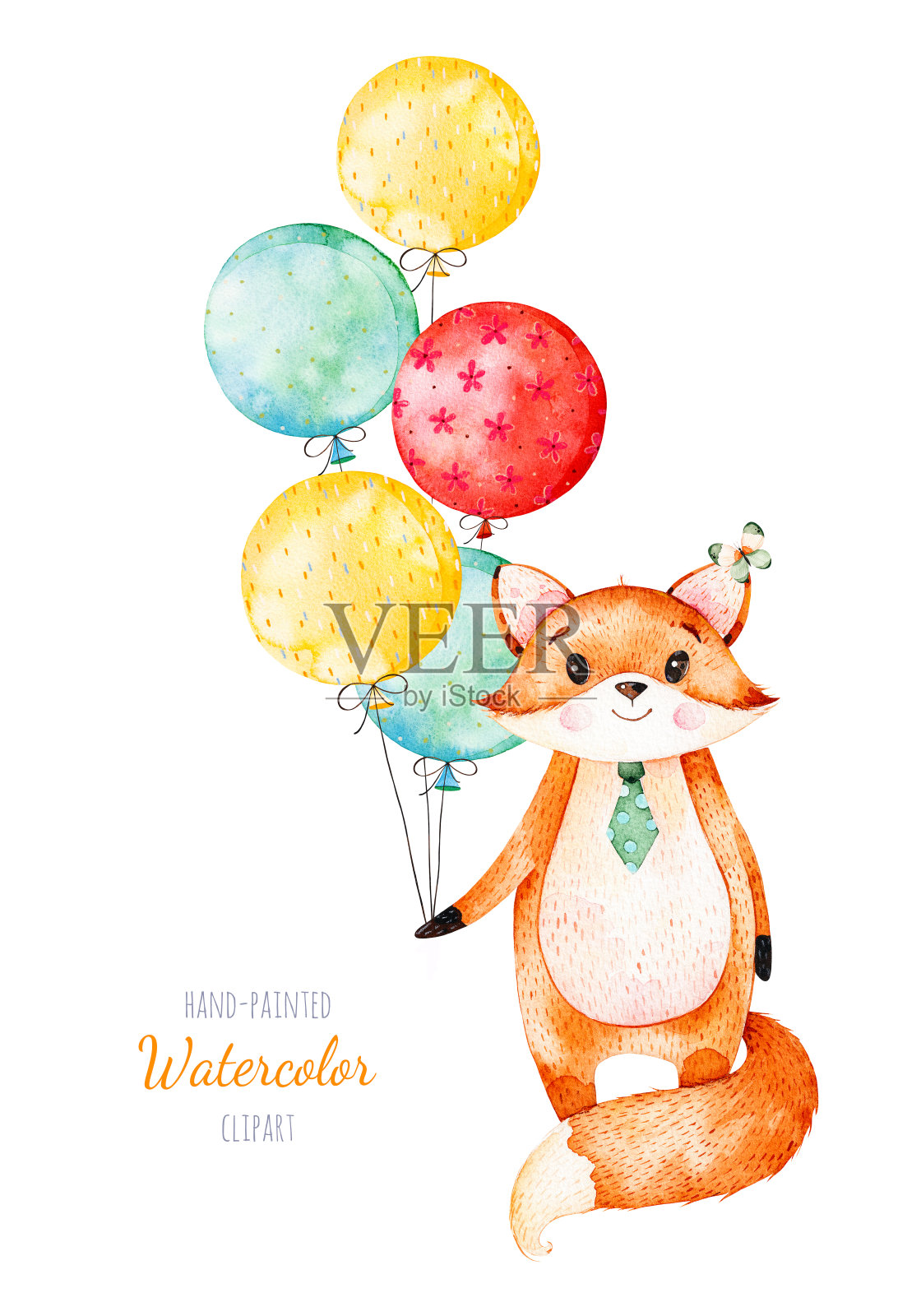 可爱的小狐狸和五颜六色的气球插画图片素材