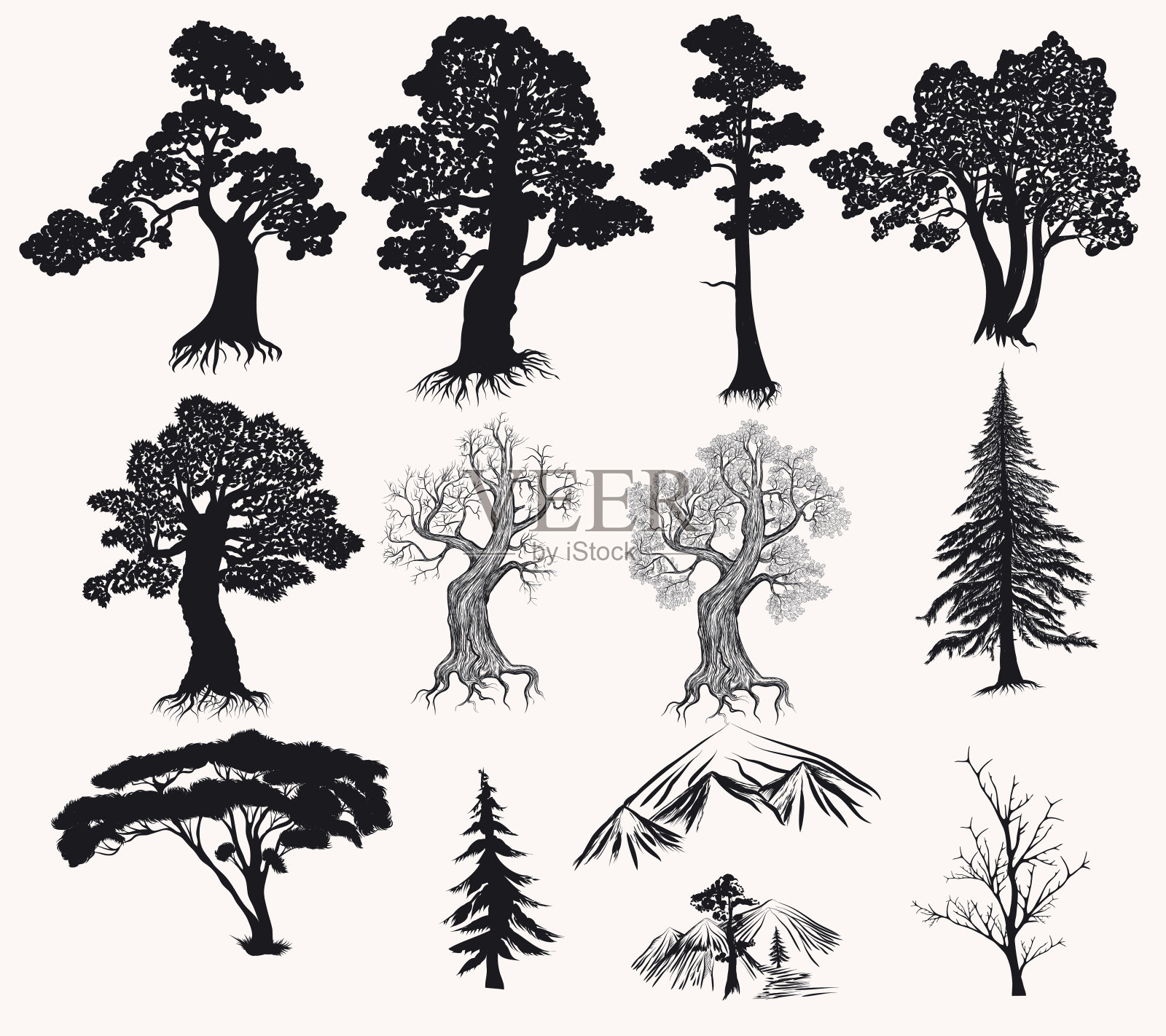 矢量集的手绘树木剪影设计插画图片素材