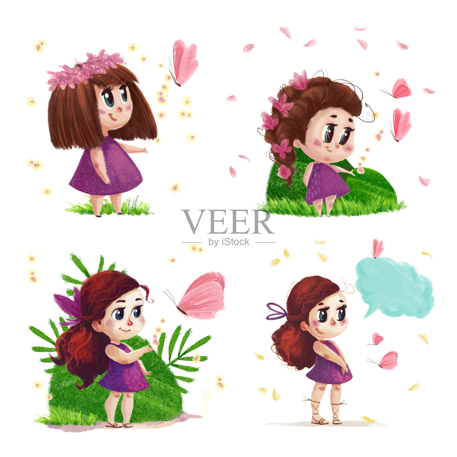 可爱的长发小女孩站在绿色的草地上，旁边是一只在白色背景上孤立飞舞的蝴蝶。夏季儿童插画与自然元素。插画图片素材