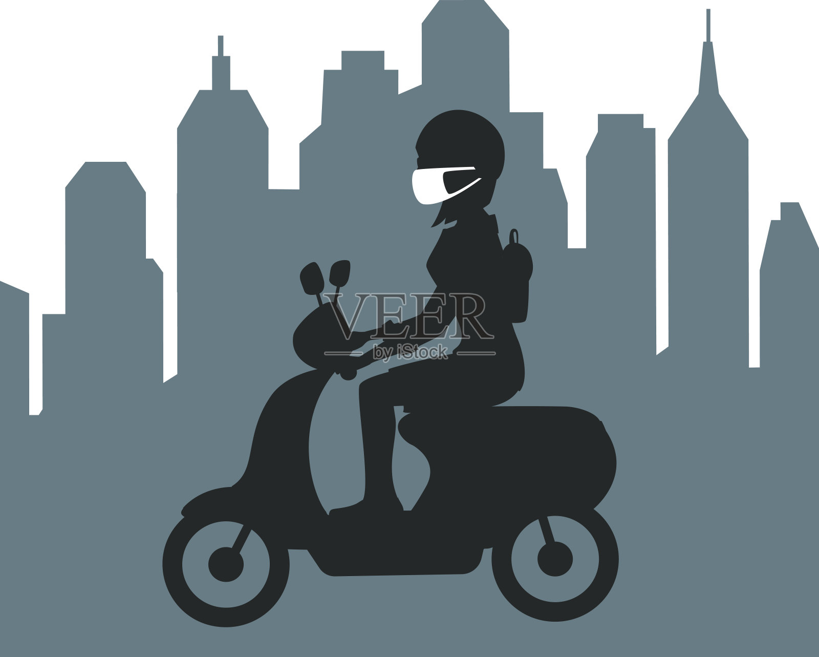 一个女人的剪影驾驶摩托车在城市戴着保护面罩插画图片素材