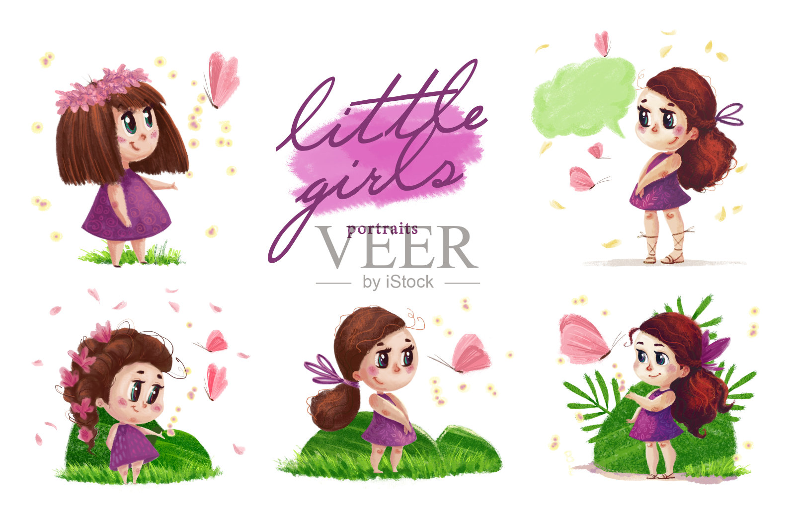 可爱的长发小女孩站在绿色的草地上，旁边是一只在白色背景上孤立飞舞的蝴蝶。夏季儿童插画与自然元素。插画图片素材