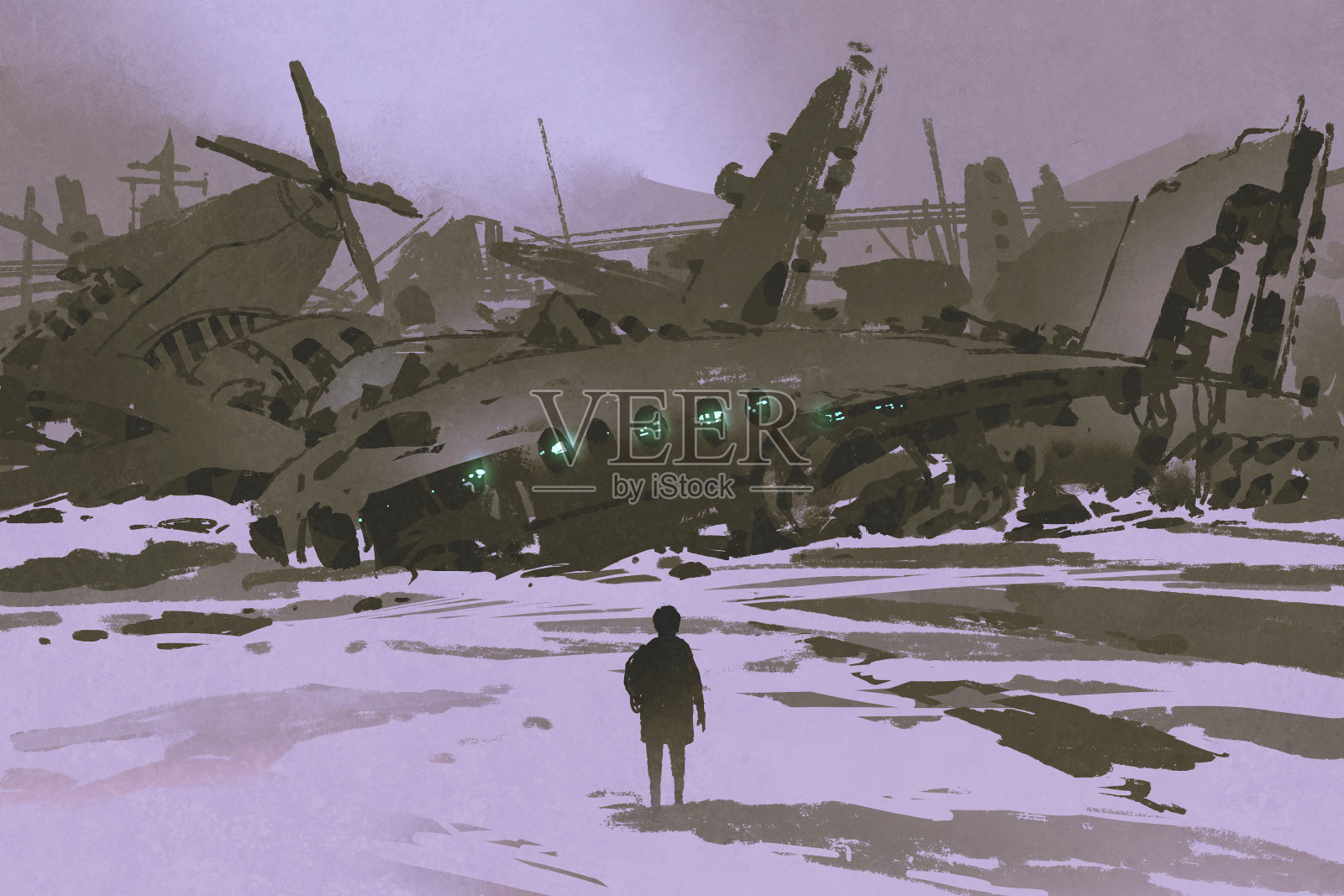人们在雪地里看着被摧毁的飞机残骸插画图片素材