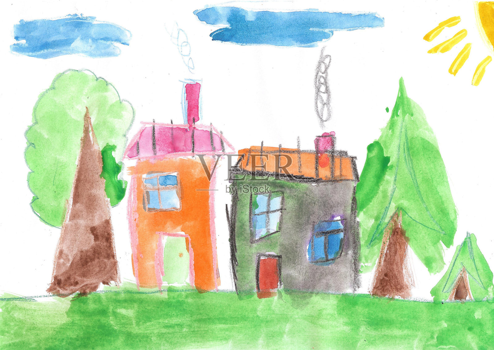孩子的画。乡村别墅和树木插画图片素材