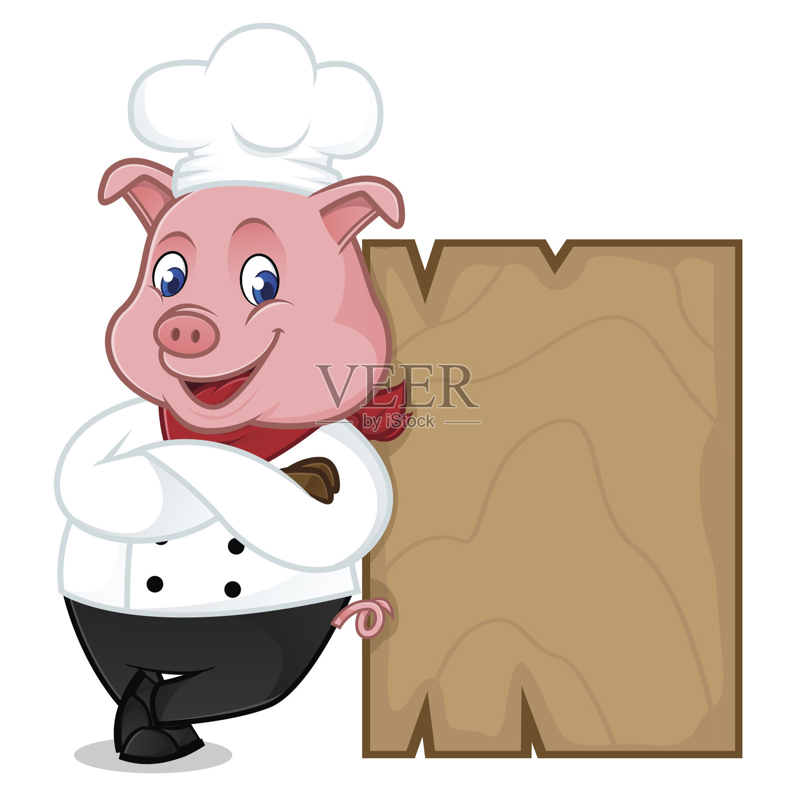 厨师猪卡通吉祥物倚在木板上设计元素图片
