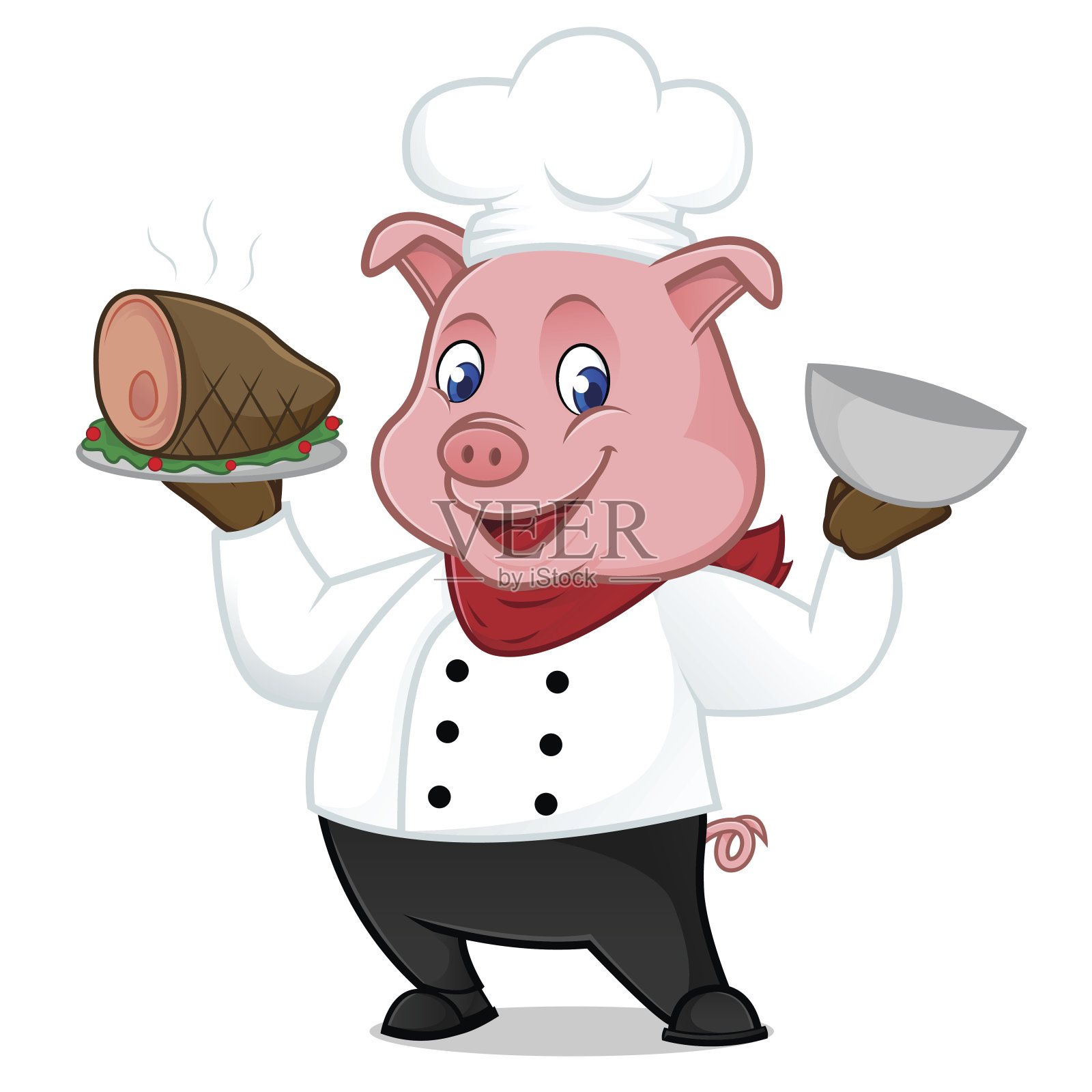 厨师猪卡通吉祥物上托盘猪肉插画图片素材