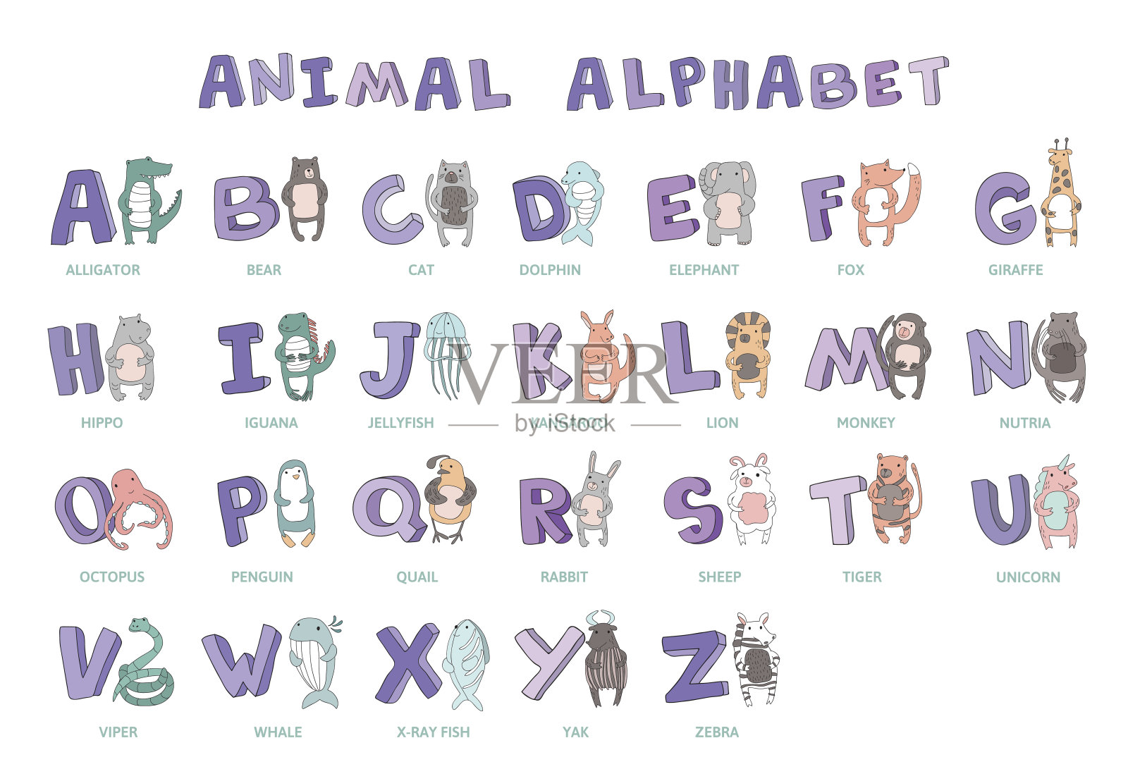 手绘字母，字体，字母。为孩子们设计的可爱的动物角色。矢量插图，孤立在白色上。插画图片素材