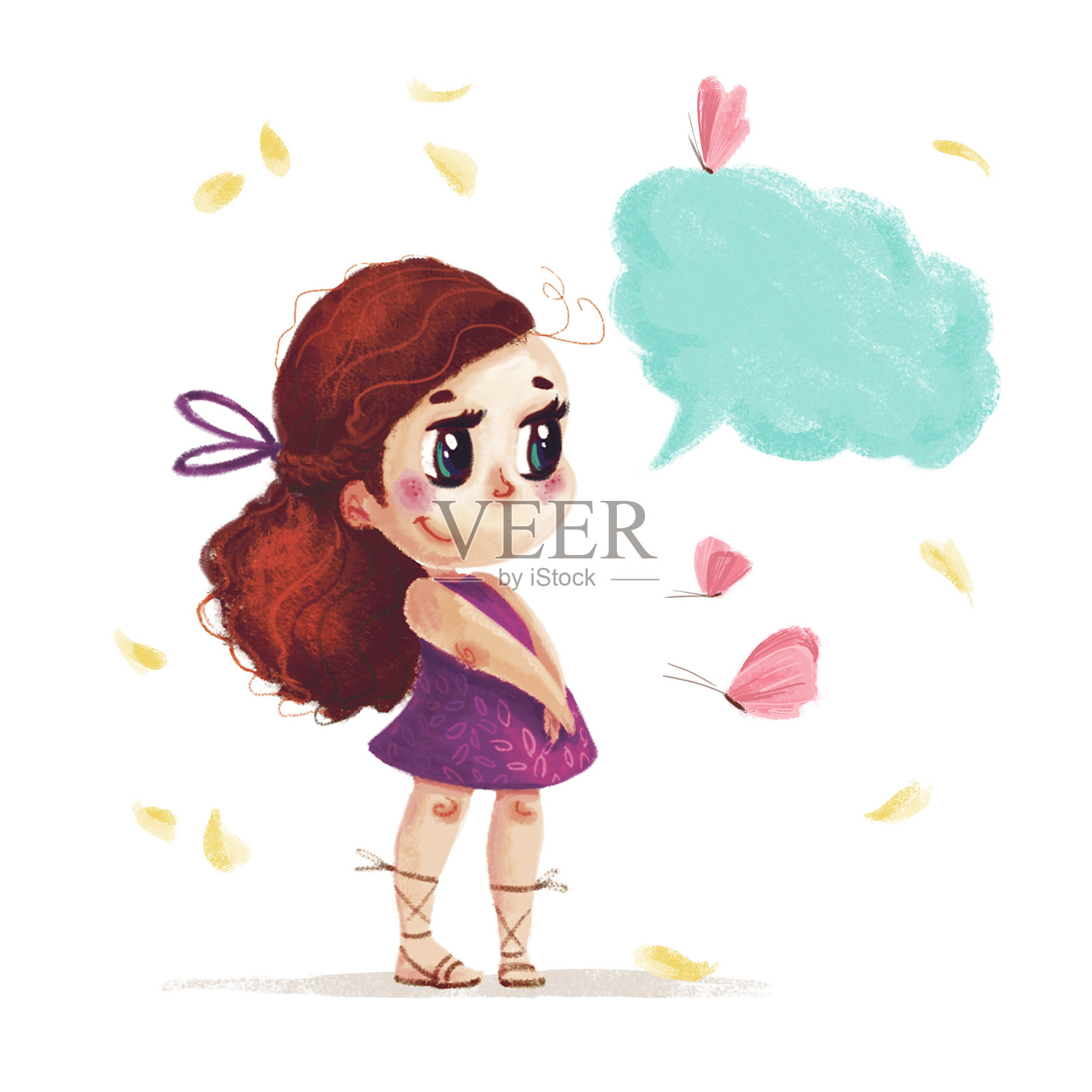 手绘肖像可爱的小女孩与棕色长发站在旁边的飞行蝴蝶和对话框孤立在白色的背景。夏季儿童插画与自然元素。插画图片素材