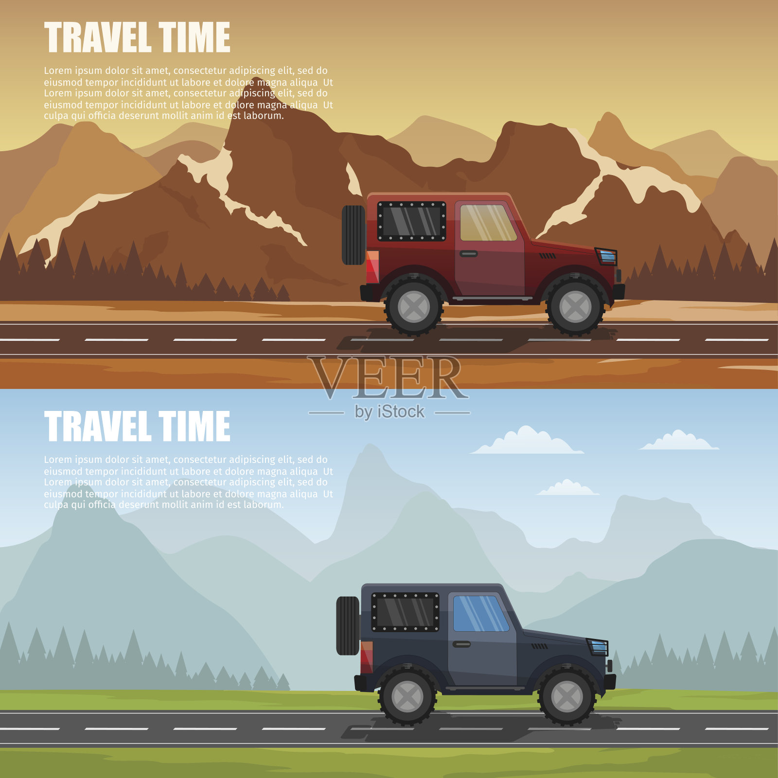 旅行露营户外与山彩色矢量平面横幅拖车和旅游横幅集。插画图片素材
