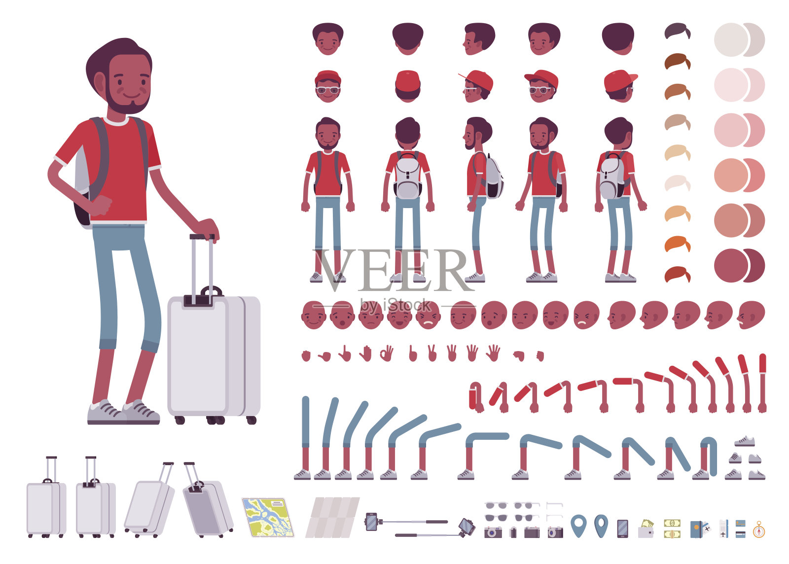 黑人男性游客，带着旅行行李，背包。人物创建组插画图片素材