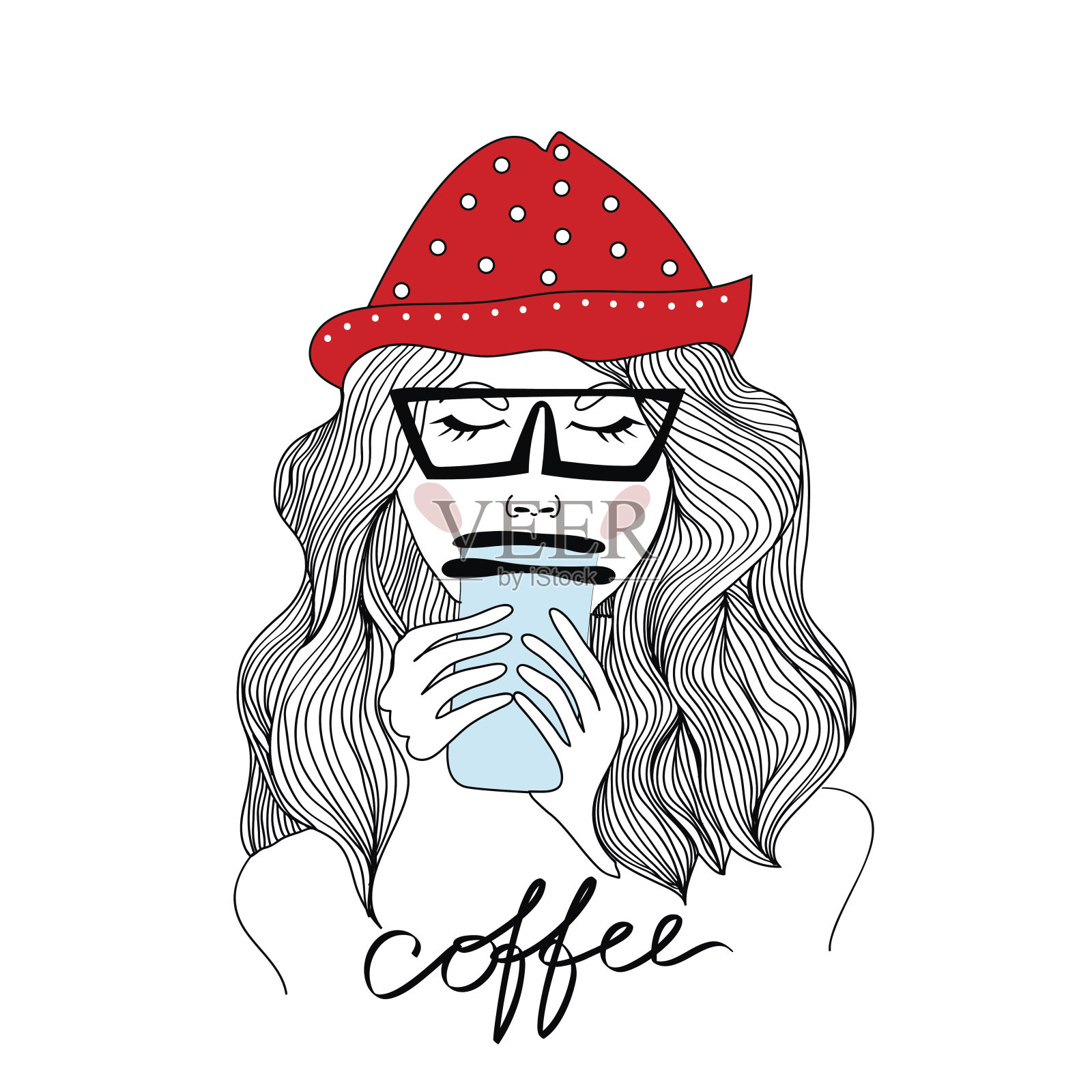 一个戴红帽子喝咖啡的年轻女子。矢量插图，孤立在白色背景上。插画图片素材