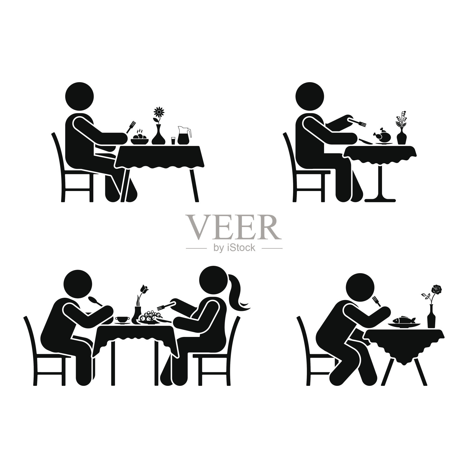 吃喝象形文字。Stick figure矢量餐厅夫妇图标上的白色插画图片素材