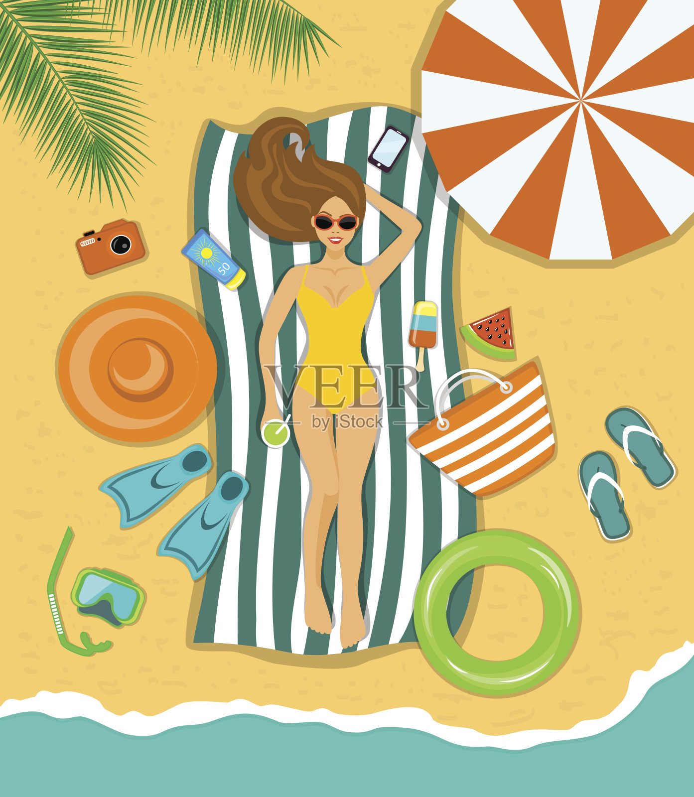 女人日光浴在一个海滩下的热带棕榈树与配件的海滩插画图片素材