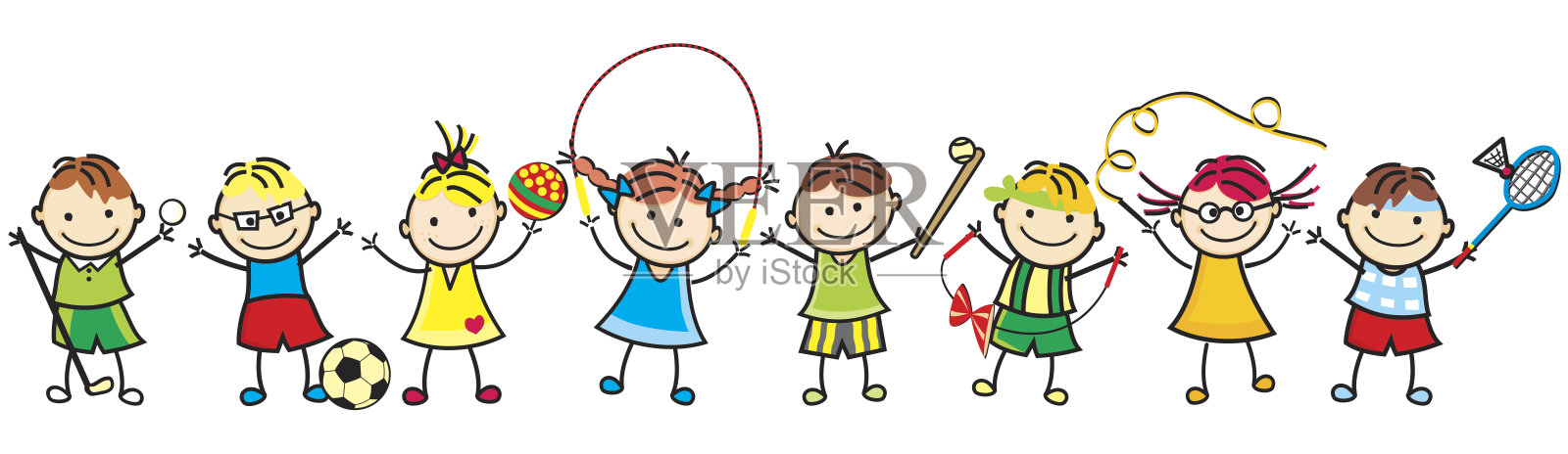 快乐的孩子和运动用品插画图片素材