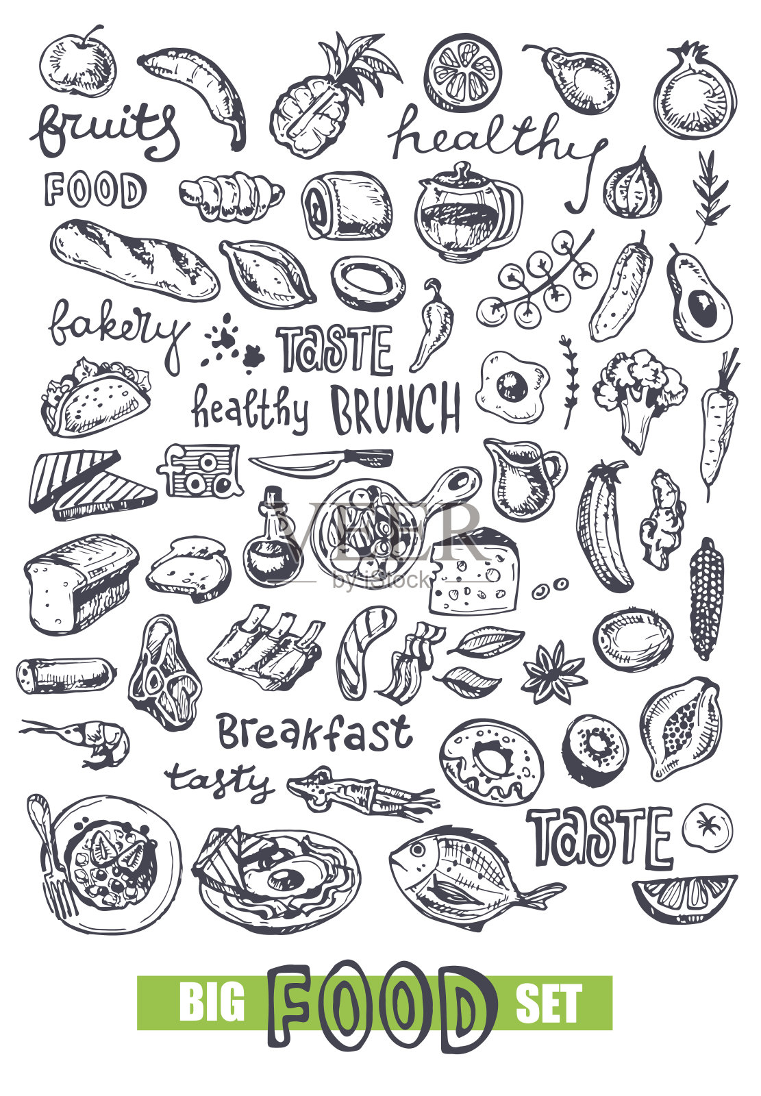 手绘涂鸦食物插图。健康的食物插画图片素材