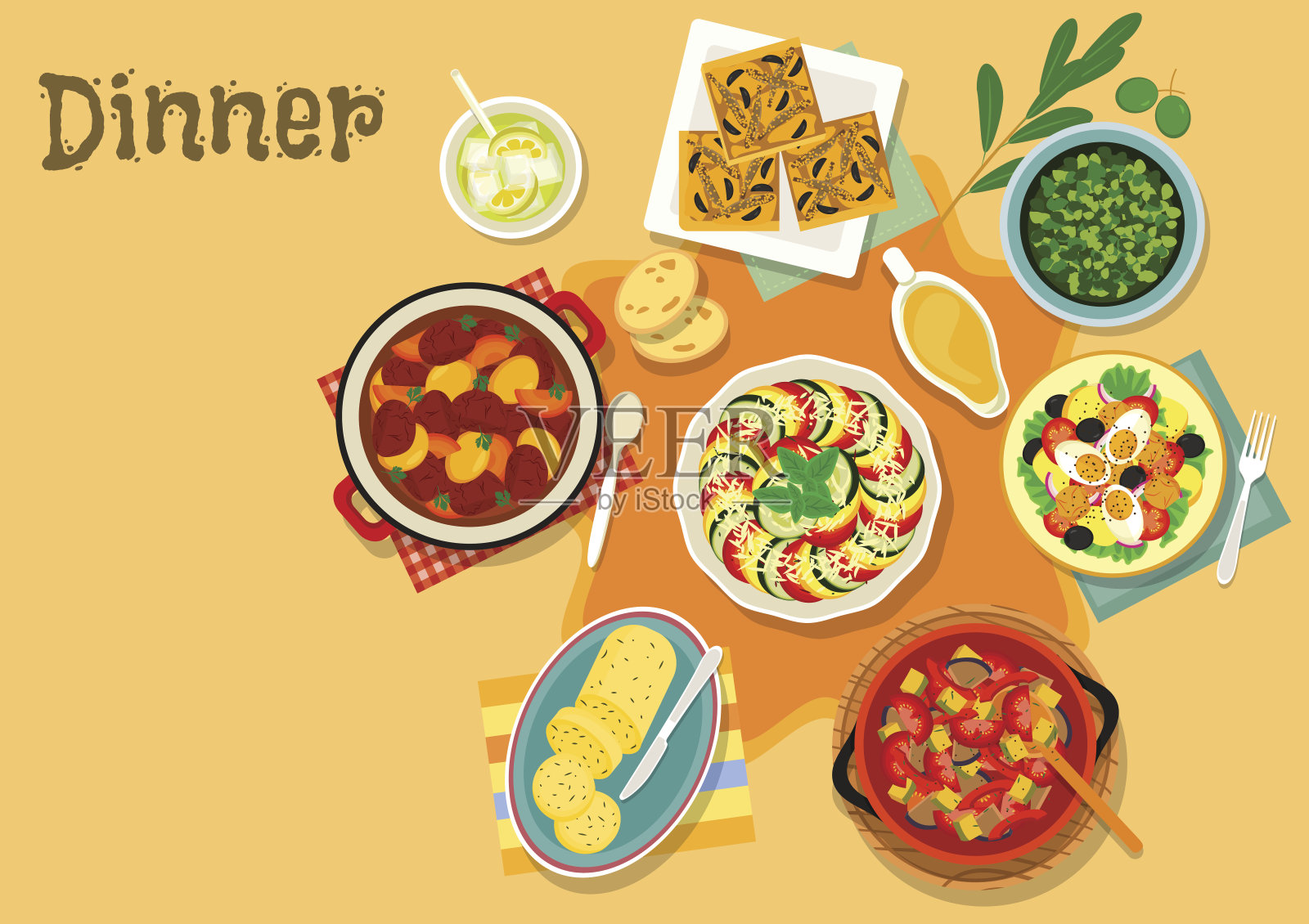 法国菜的蔬菜和肉类菜肴的图标插画图片素材