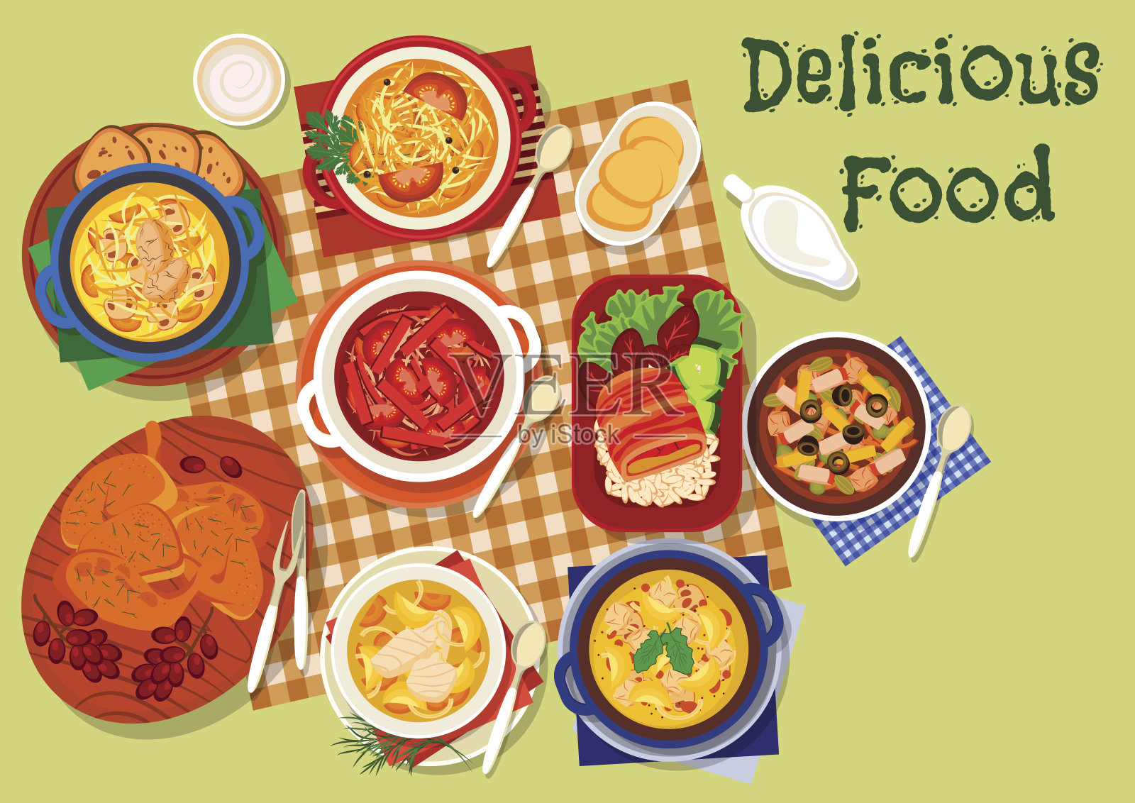 俄罗斯菜汤和肉菜的图标插画图片素材