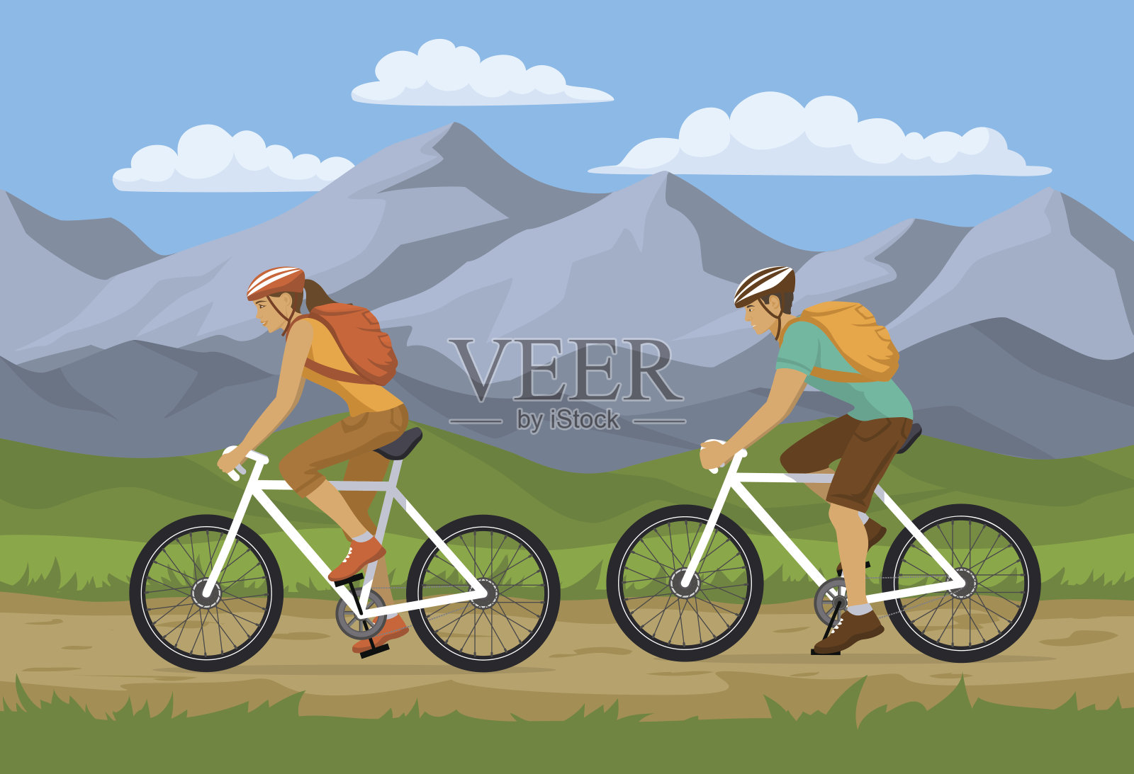 男人和女人在山地车上背着背包旅行。在大自然中进行户外自行车运动设计元素图片