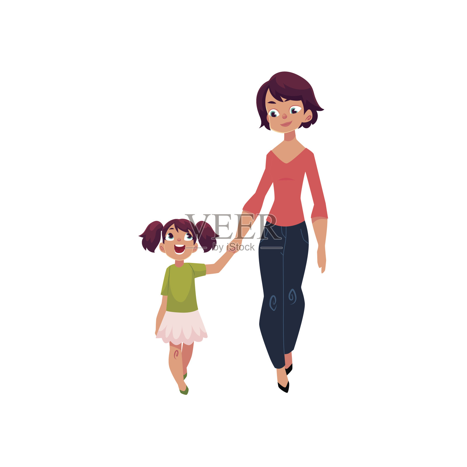 母亲和女儿手牵着手走在一起插画图片素材