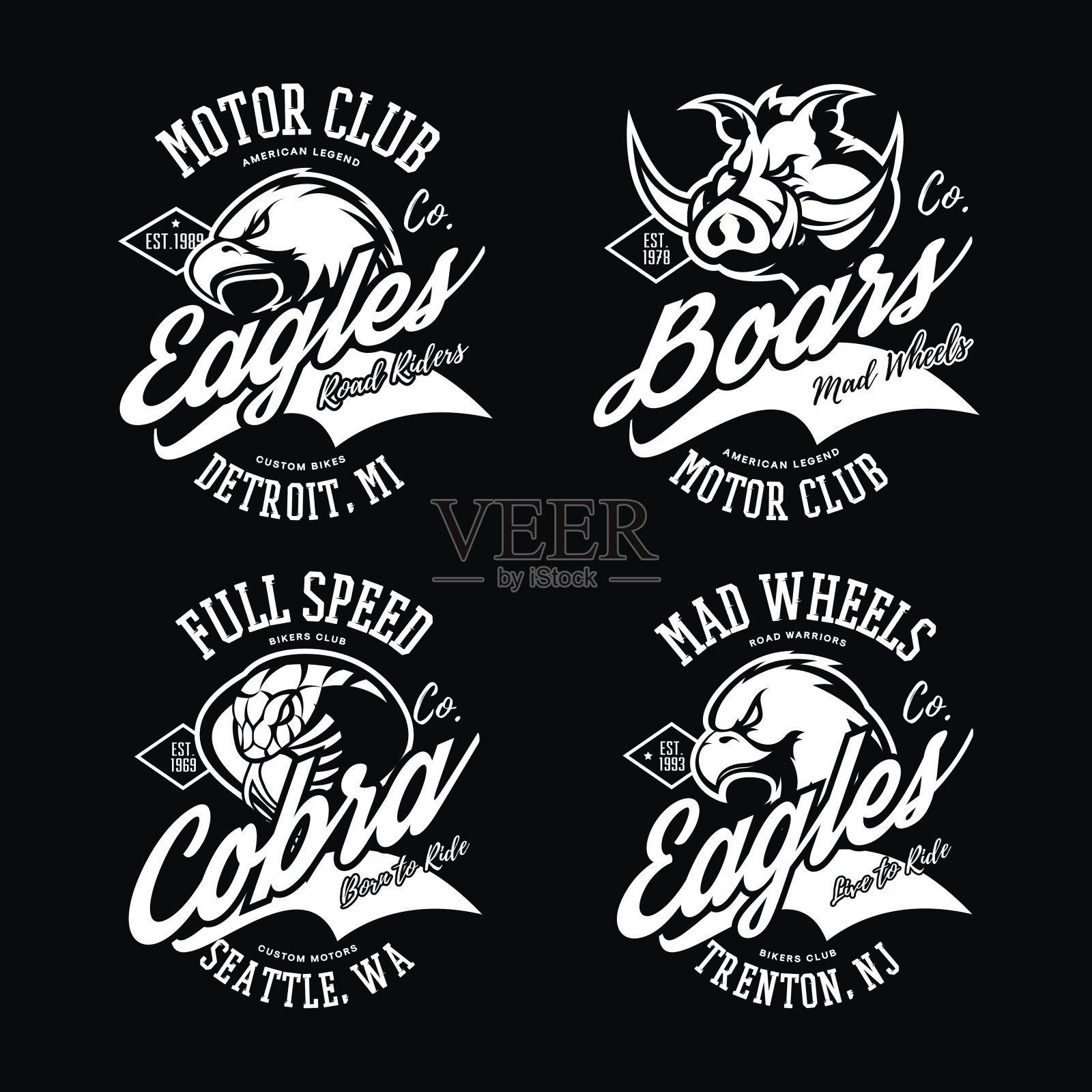 复古的美国狂怒鹰，野猪和眼镜蛇摩托车俱乐部t打印矢量设计集。插画图片素材