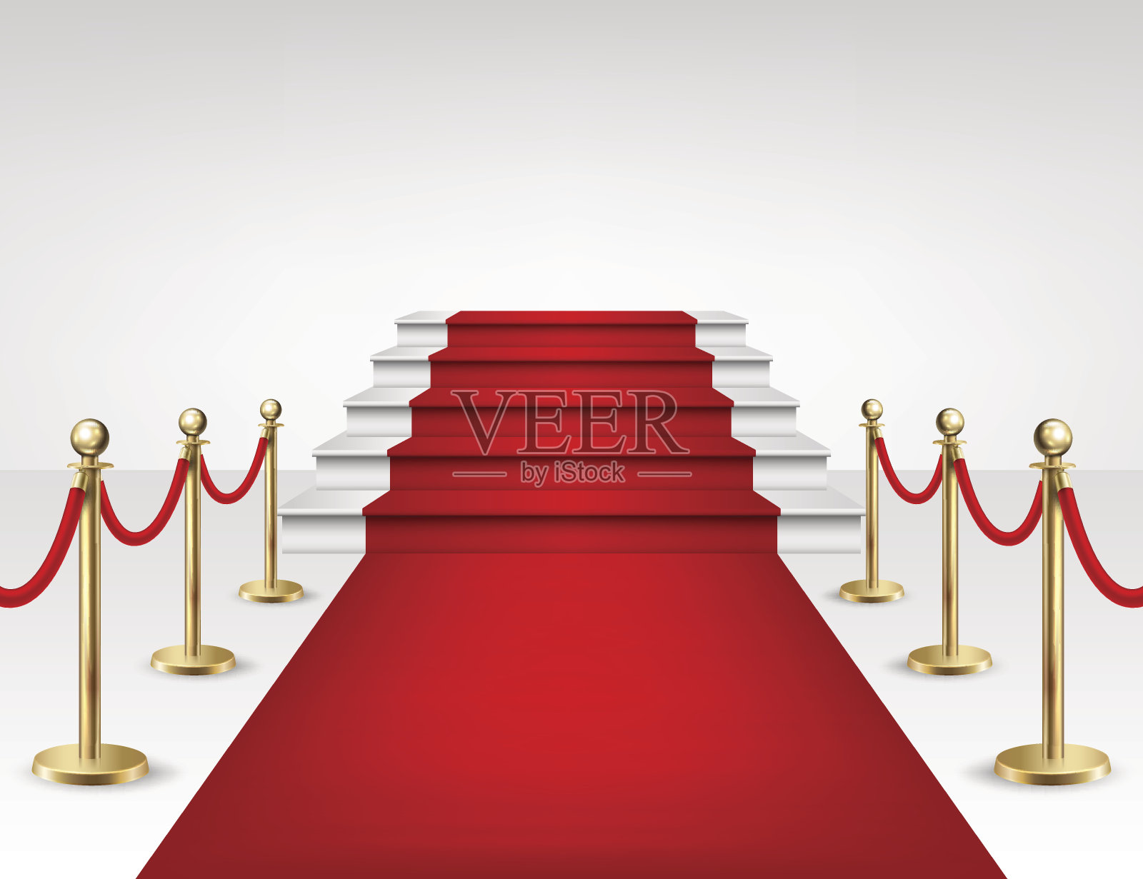 现实的矢量红色事件地毯，金色的障碍和白色的楼梯孤立在白色的背景。设计模板，在EPS10中的剪贴画插画图片素材