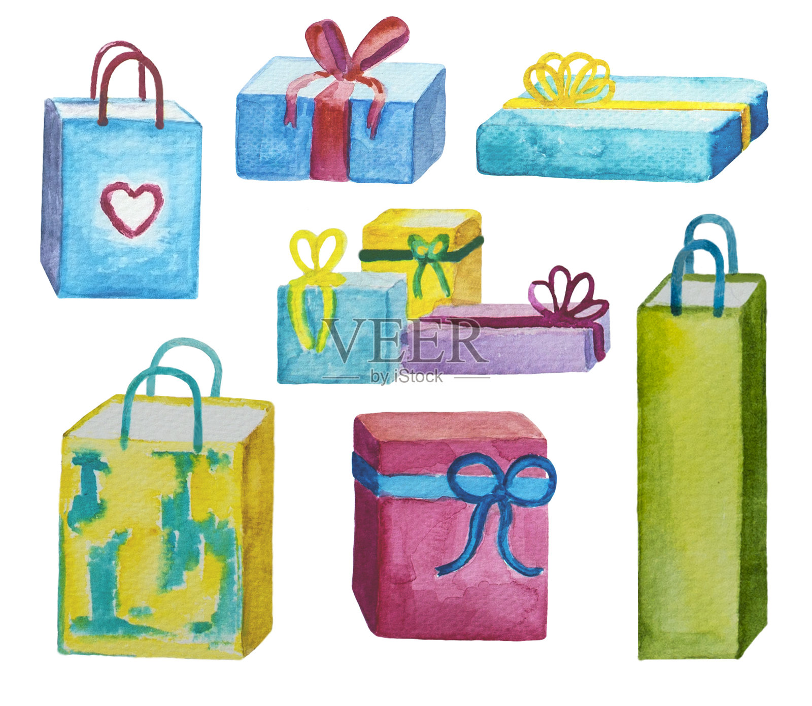 水彩礼物-一套手绘图标。生日或圣诞节礼物。插画图片素材