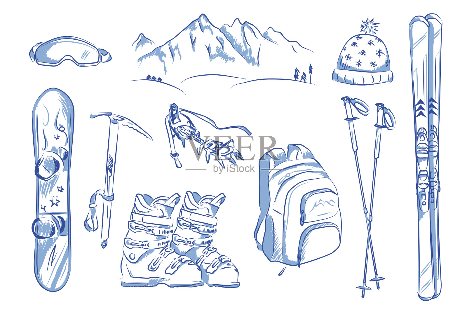 冬季物体的图标集:滑雪，冰爪，滑雪板。手绘矢量插图。设计元素图片