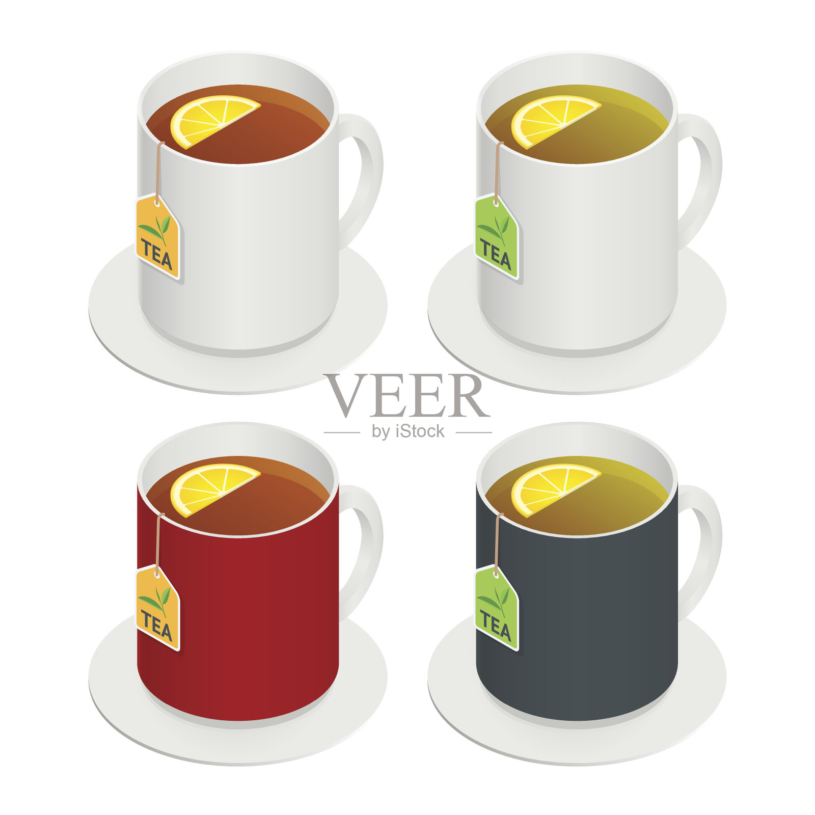 等距矢量的多色陶瓷杯与茶和一片柠檬在白色的背景。饮料现代矢量插图的网页和移动。平的图标。插画图片素材