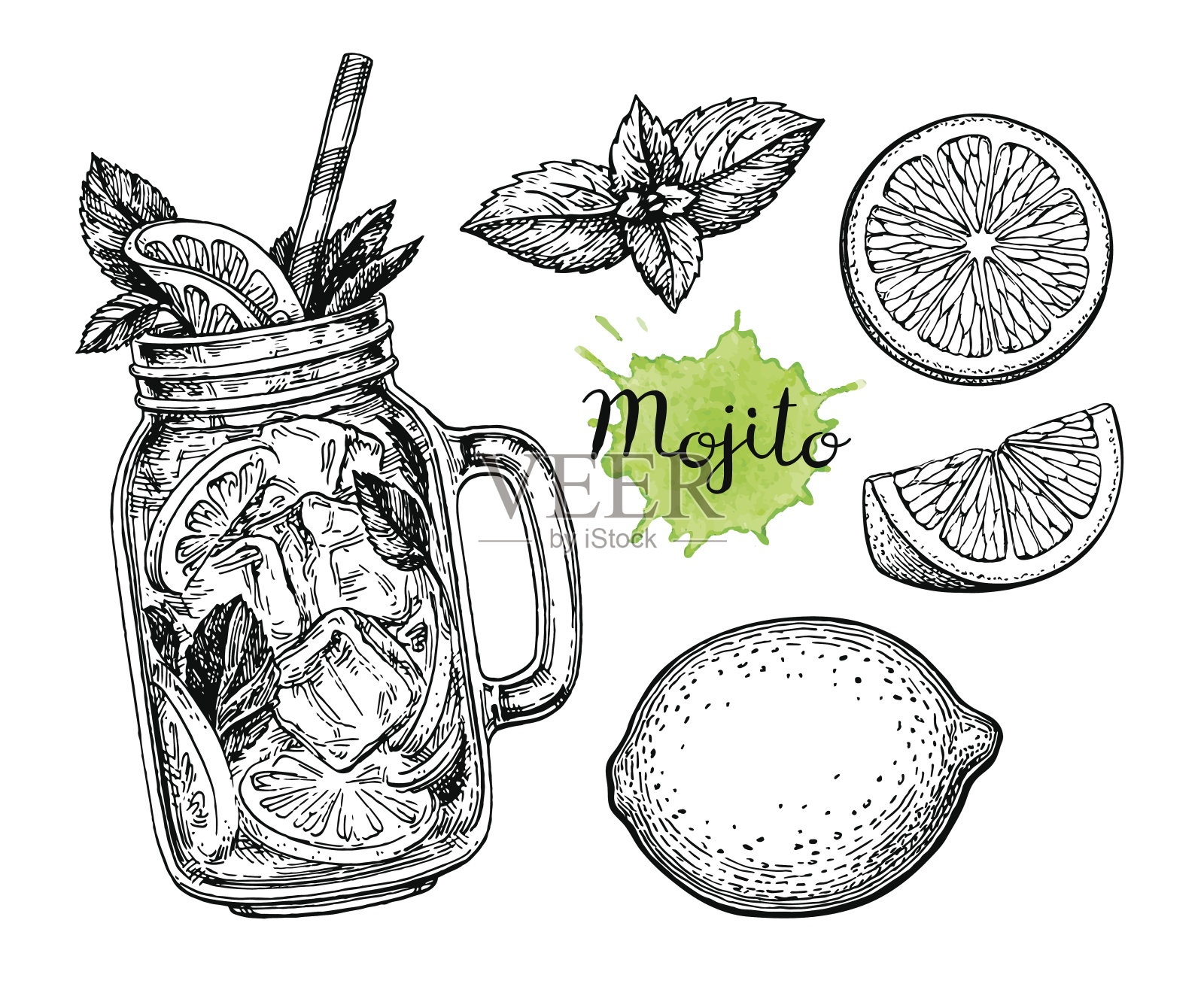 莫吉托饮料和配料设计元素图片
