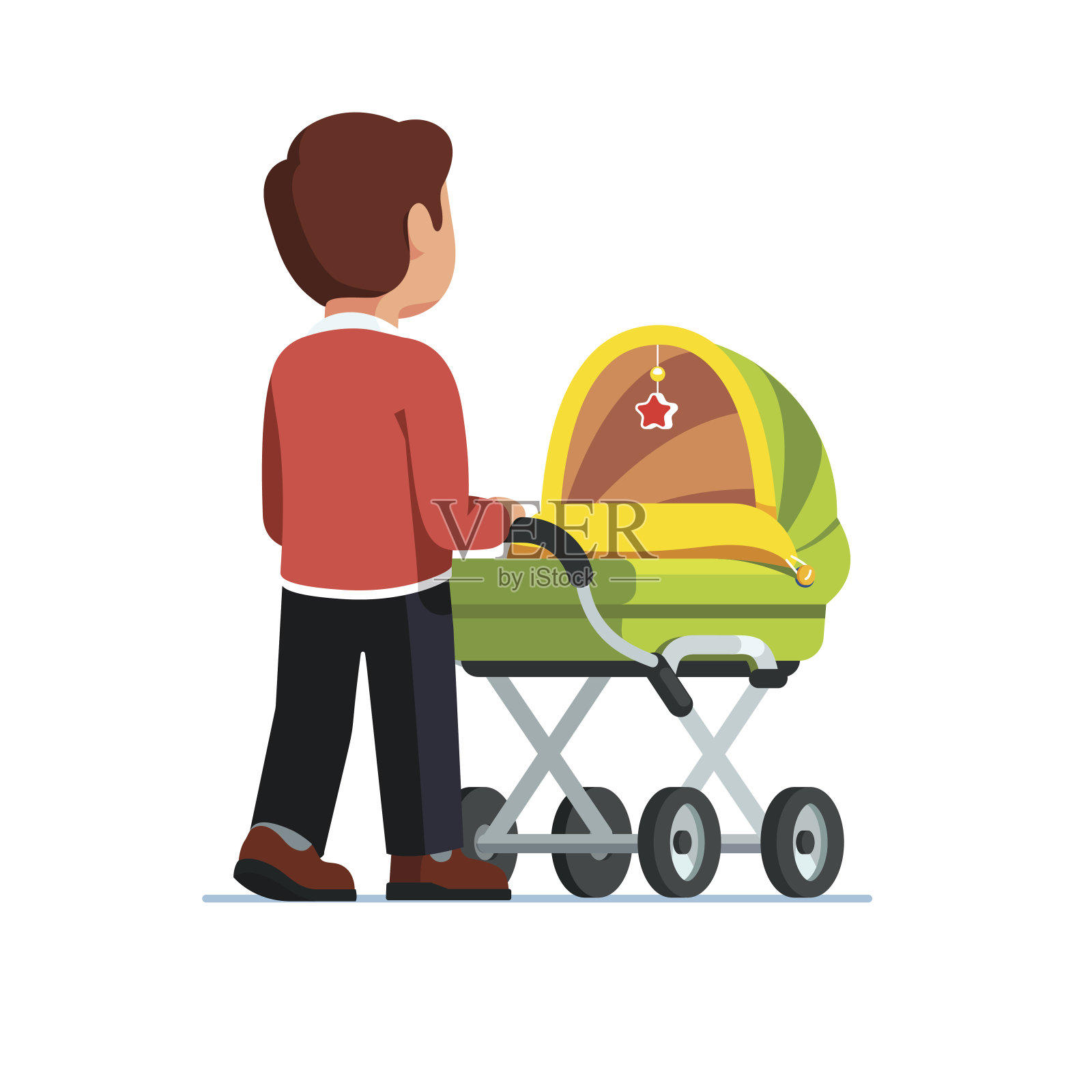 爸爸推着婴儿车带着孩子走路插画图片素材