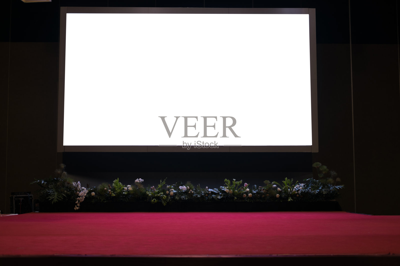 舞台放映机屏幕，会议厅红地毯。照片摄影图片