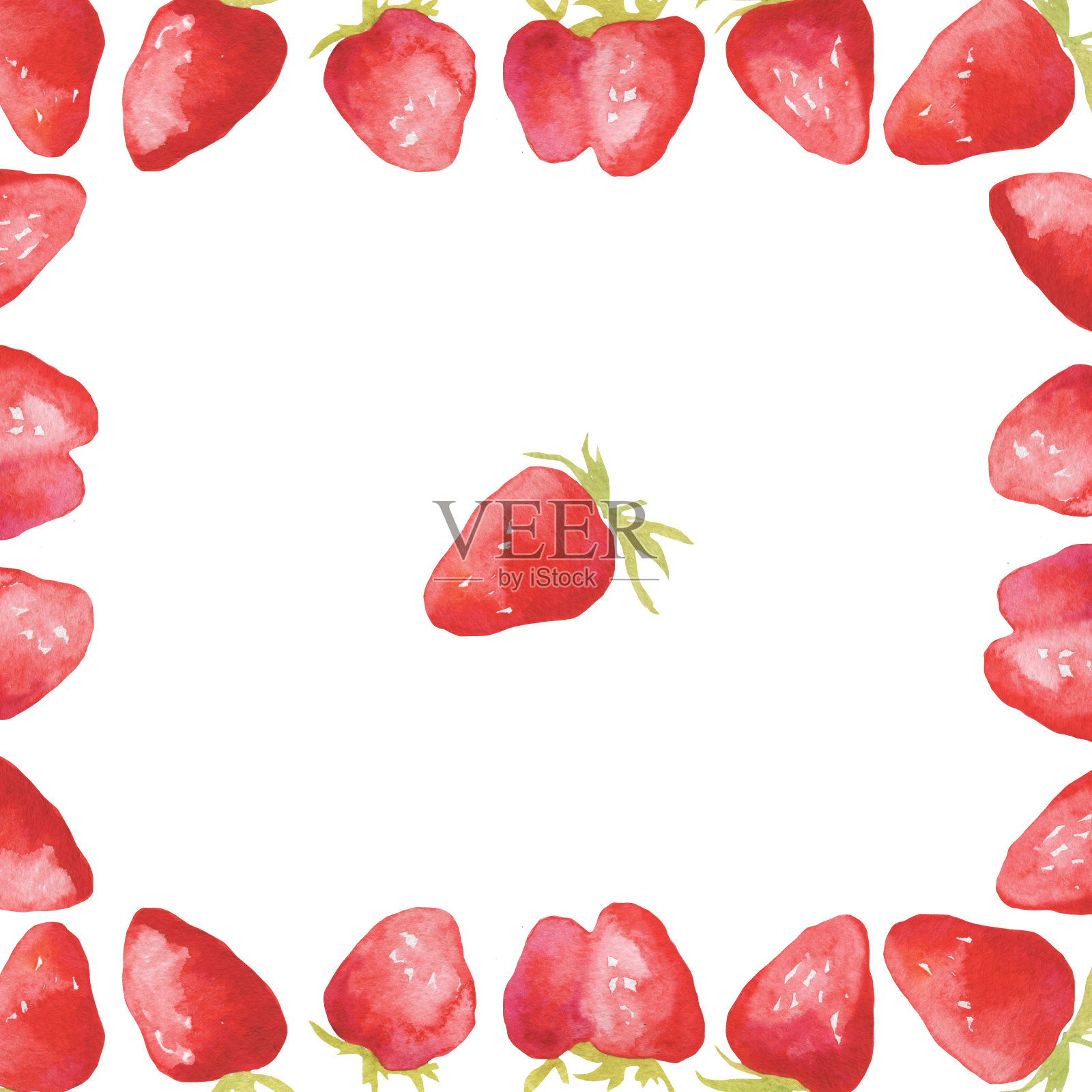 由手绘水彩红草莓制成的框架插画图片素材