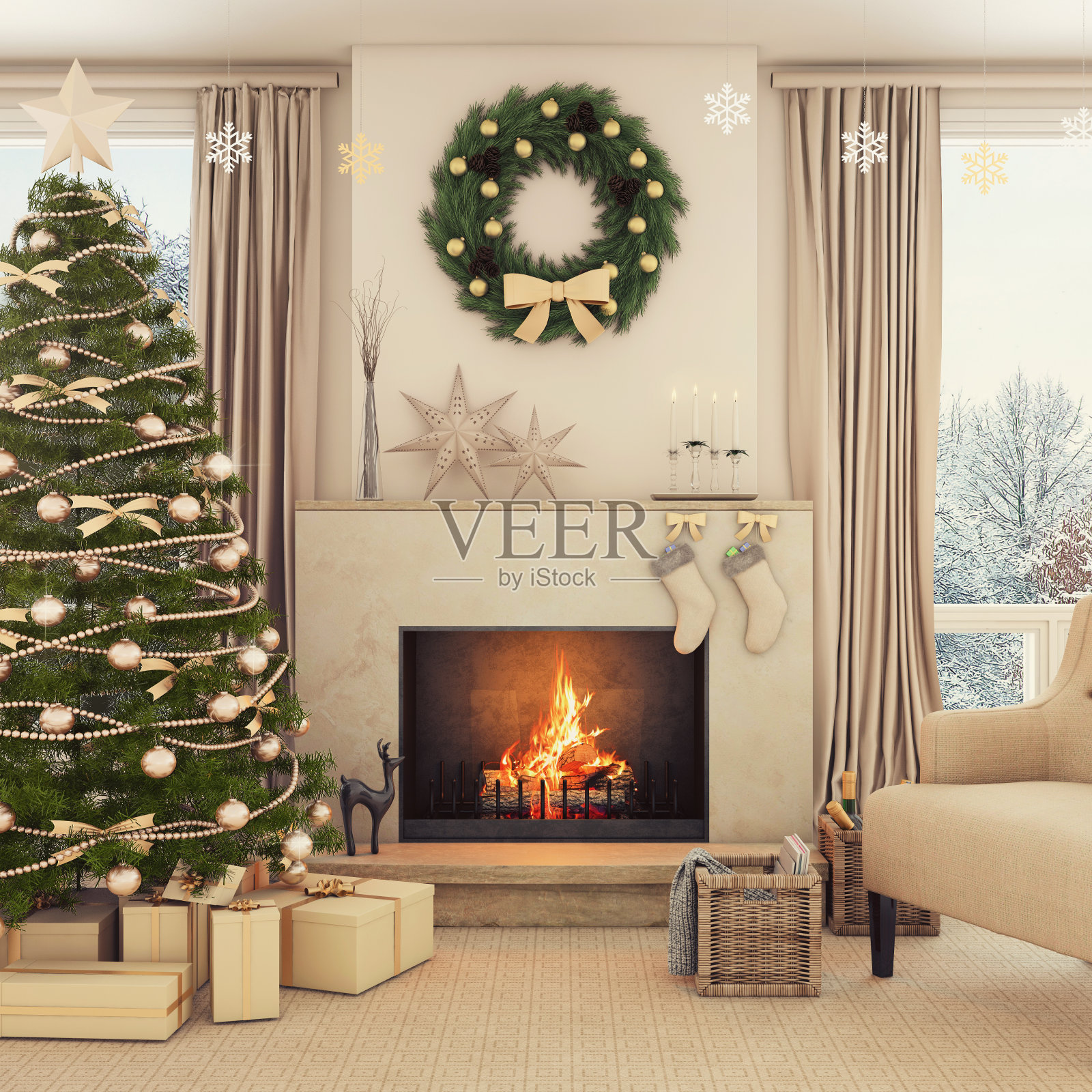 圣诞室内设有壁炉、圣诞树和礼物扶手椅照片摄影图片