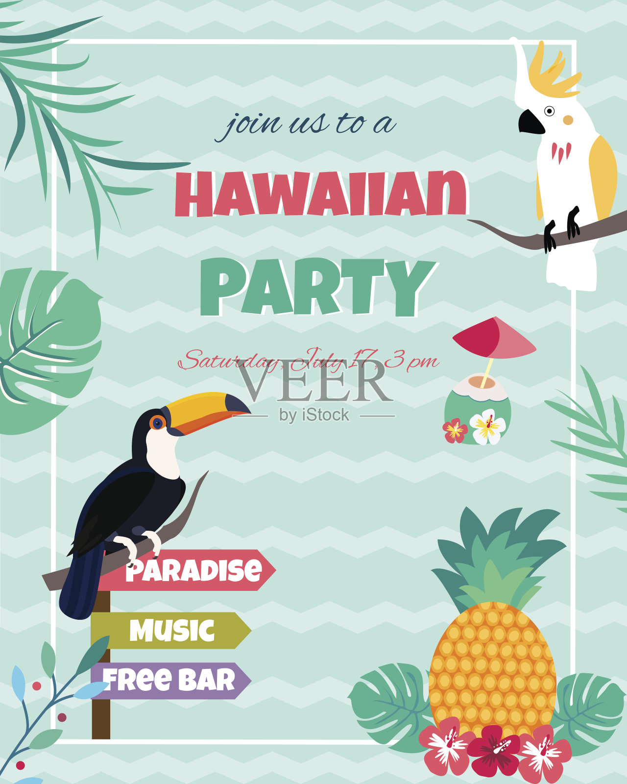 夏威夷明亮的邀请与巨嘴鸟，凤头鹦鹉，菠萝，树叶和文字设计模板素材
