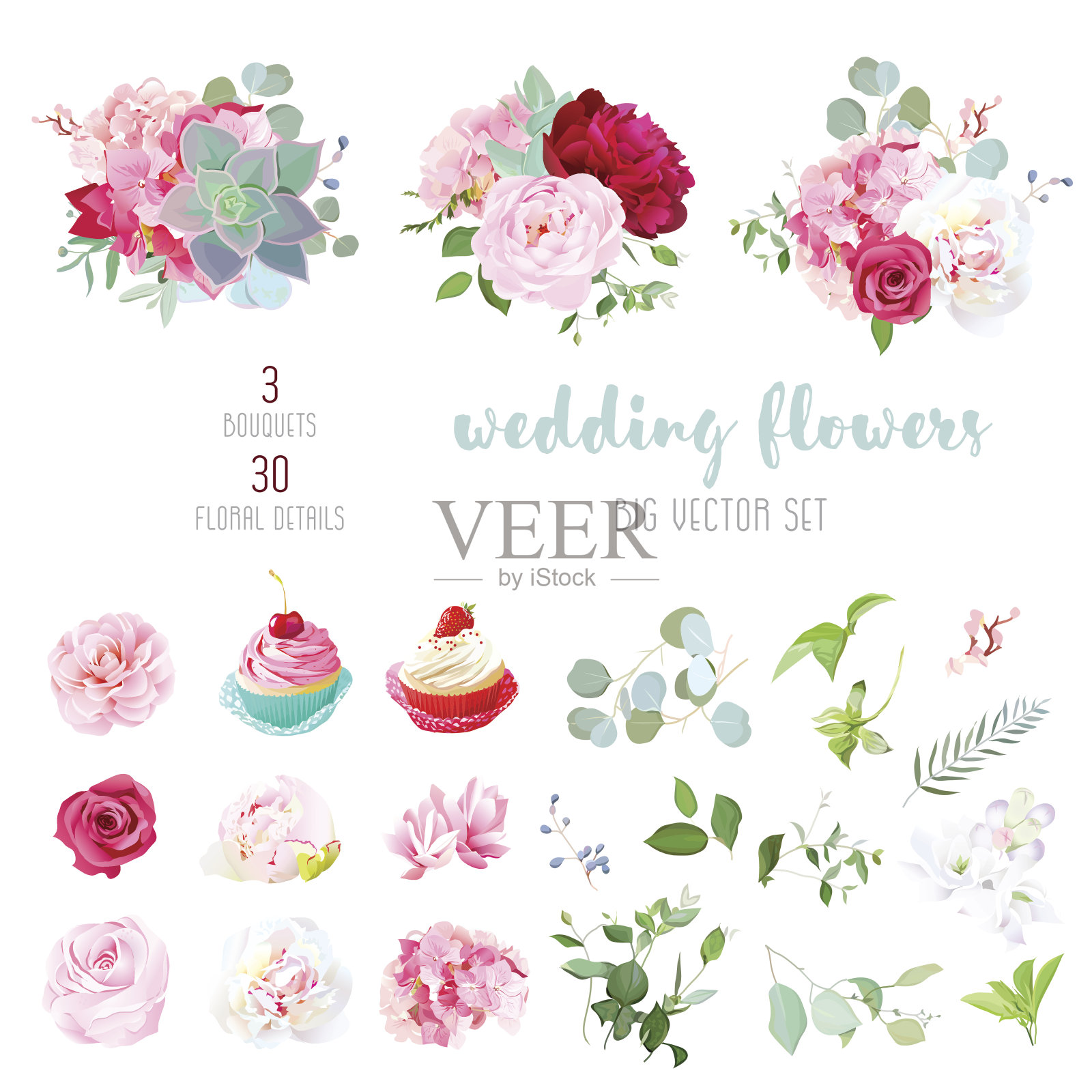 盛开的婚礼鲜花，美味的纸杯蛋糕和叶大矢量c设计元素图片