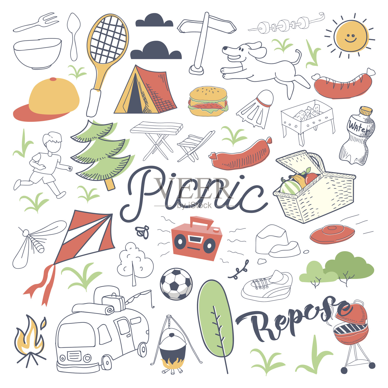 野餐和烧烤手绘涂鸦。户外露营插画图片素材
